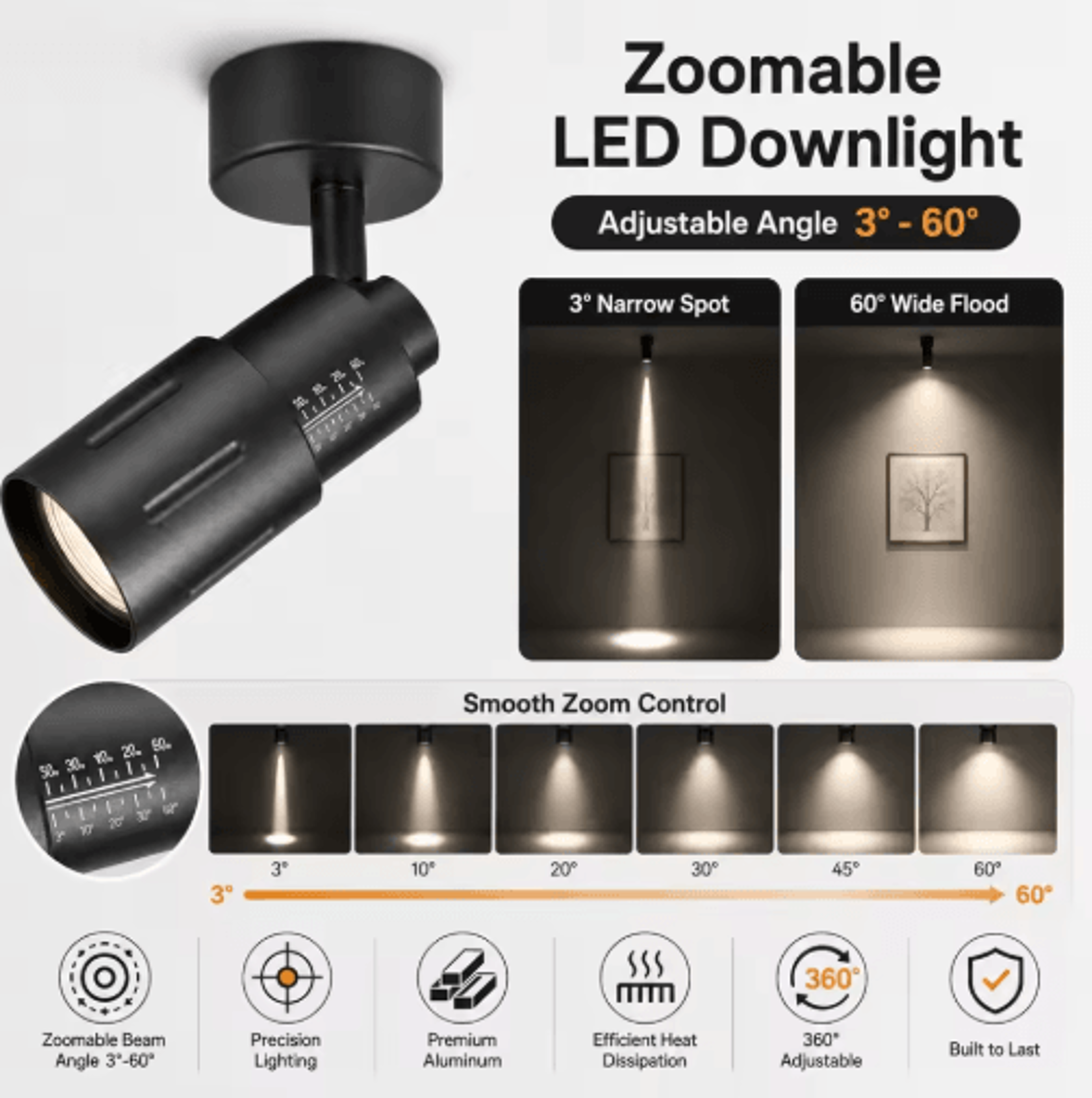9W Zoomable LED Ceiling Spotlight  Adjustable 360 Surface Mount Light 6