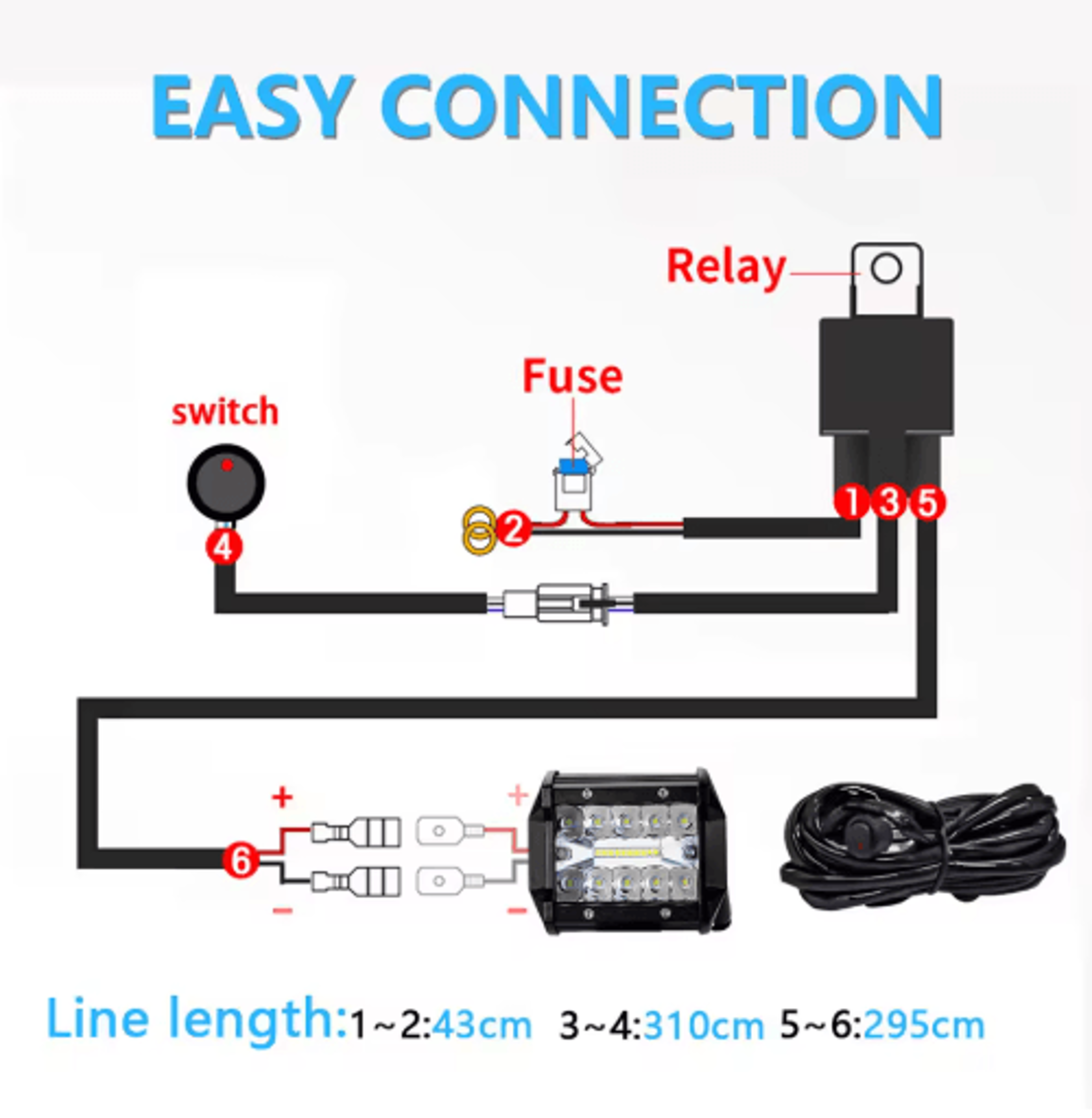300W LED Light Bar Wiring Harness Kit  Dual Lead 16 AWG With 40A Relay 4