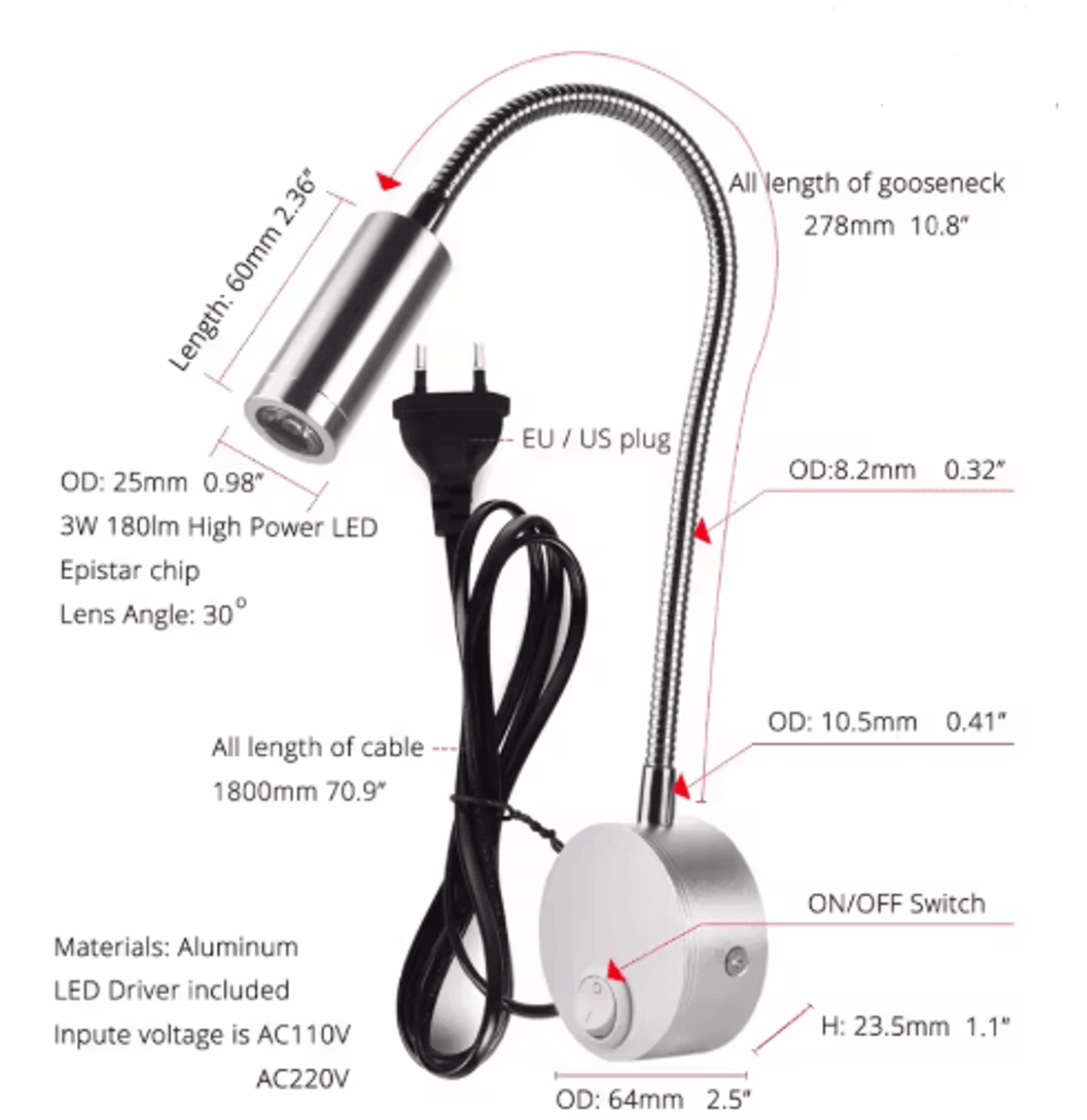 3W LED Wall Reading Lamp  Modern Bedside Light With EU Or US Plug 11