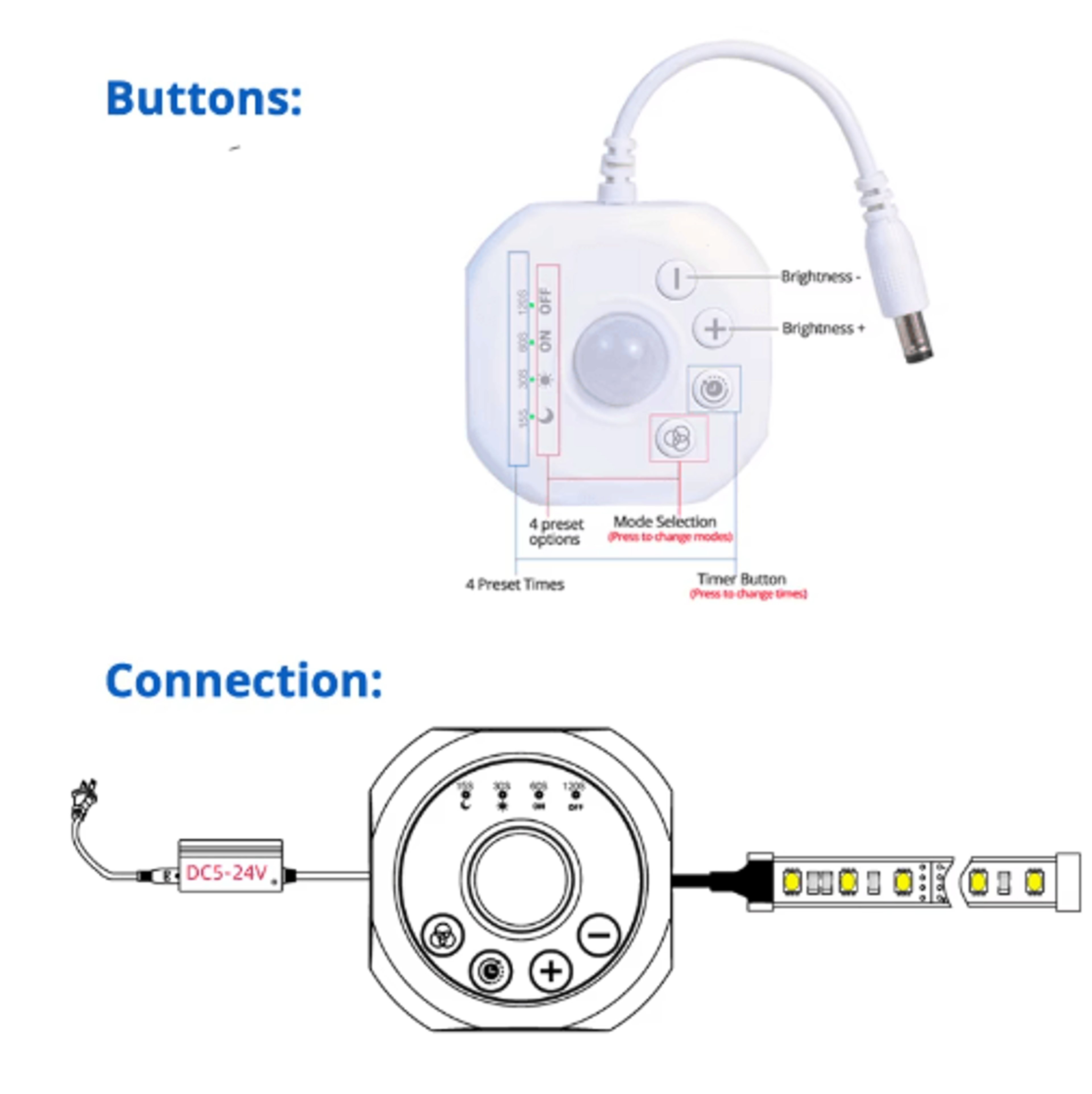PIR Motion Sensor LED Strip Dimmer  Remote Control For 5V 12V 24V Lights 7