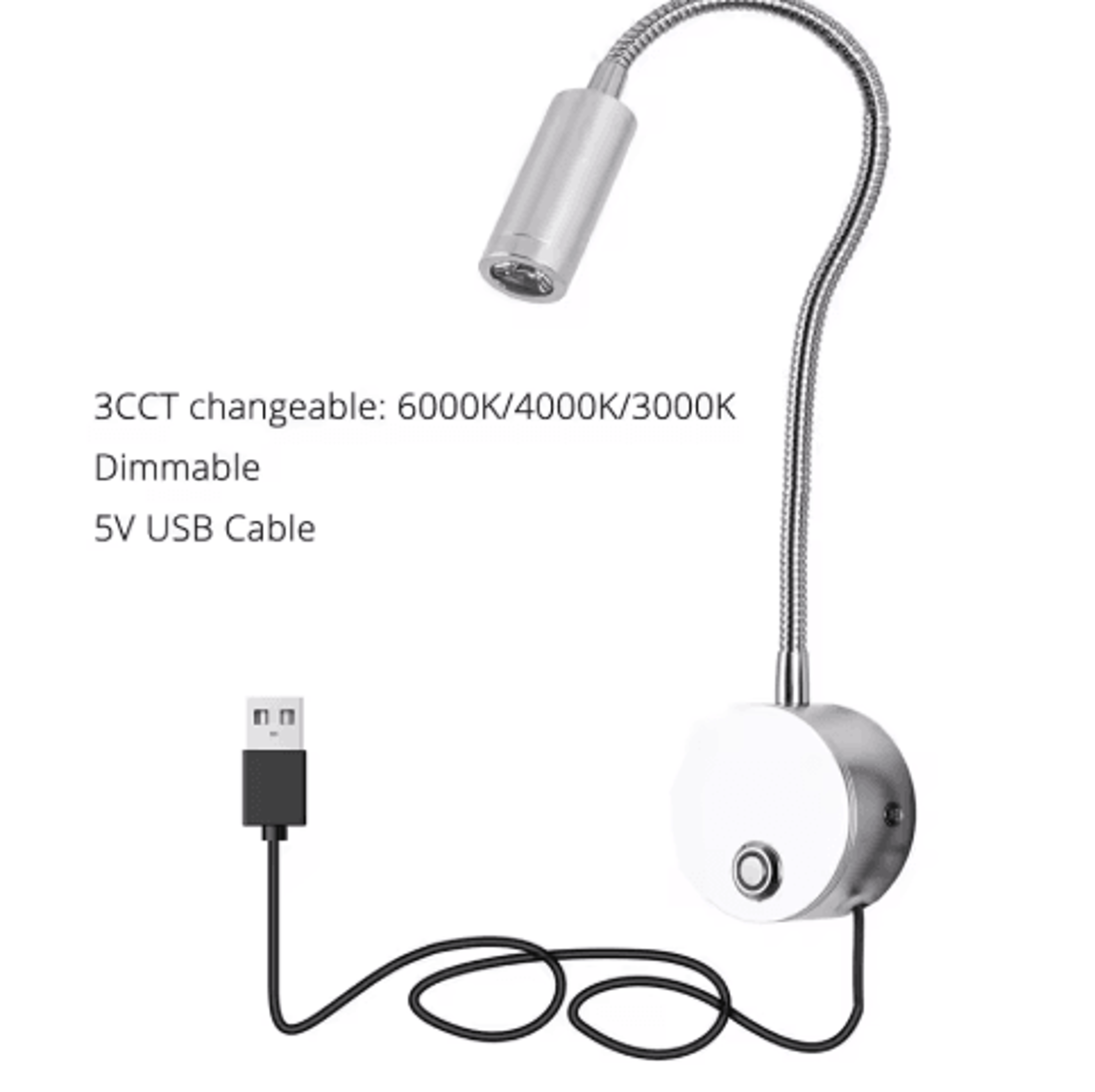 3W Dimmable LED Wall Reading Lamp  3CCT USB Gooseneck Bedside Light 4