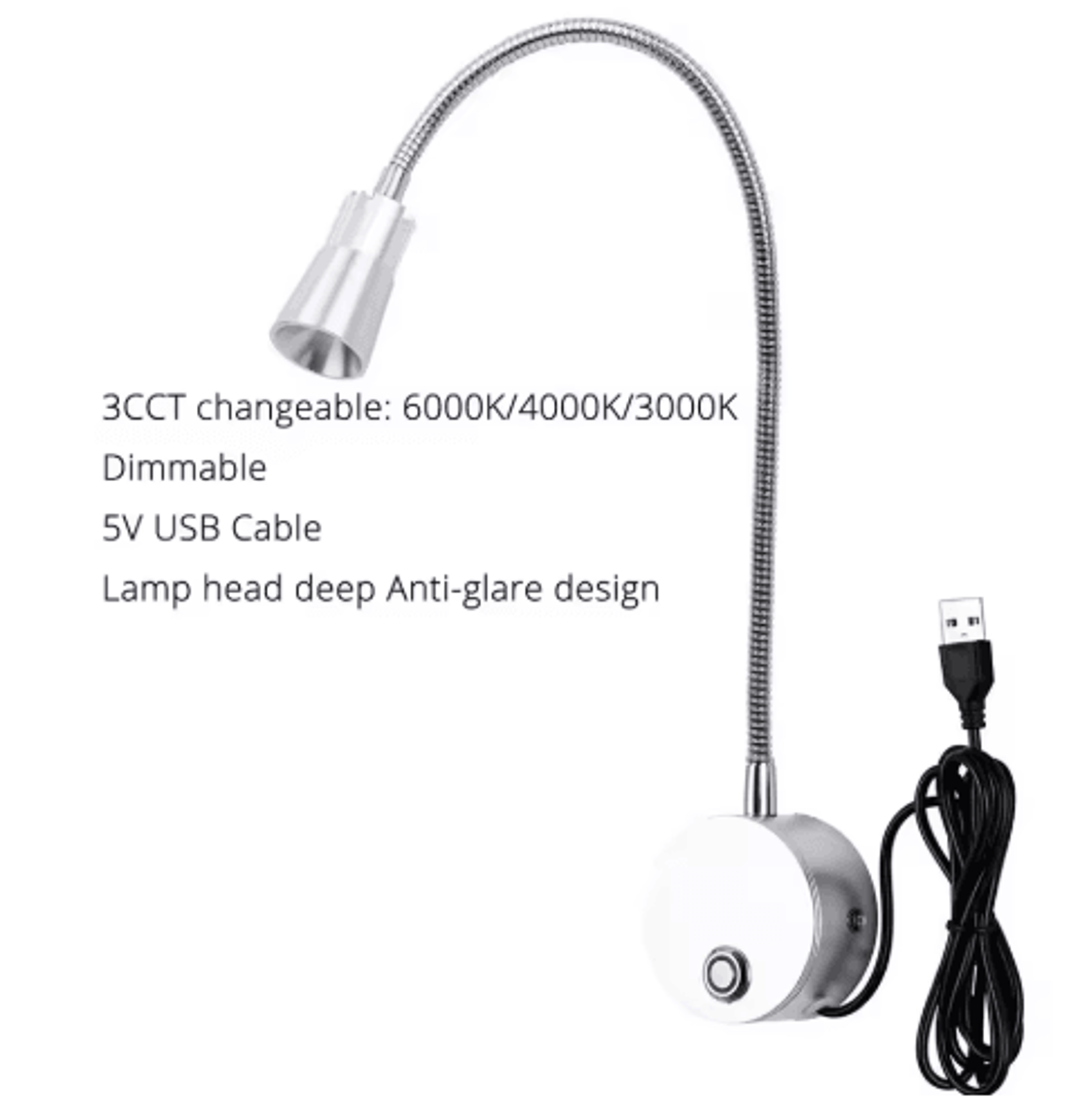 3W Dimmable LED Wall Reading Lamp  3CCT USB Gooseneck Bedside Light 2