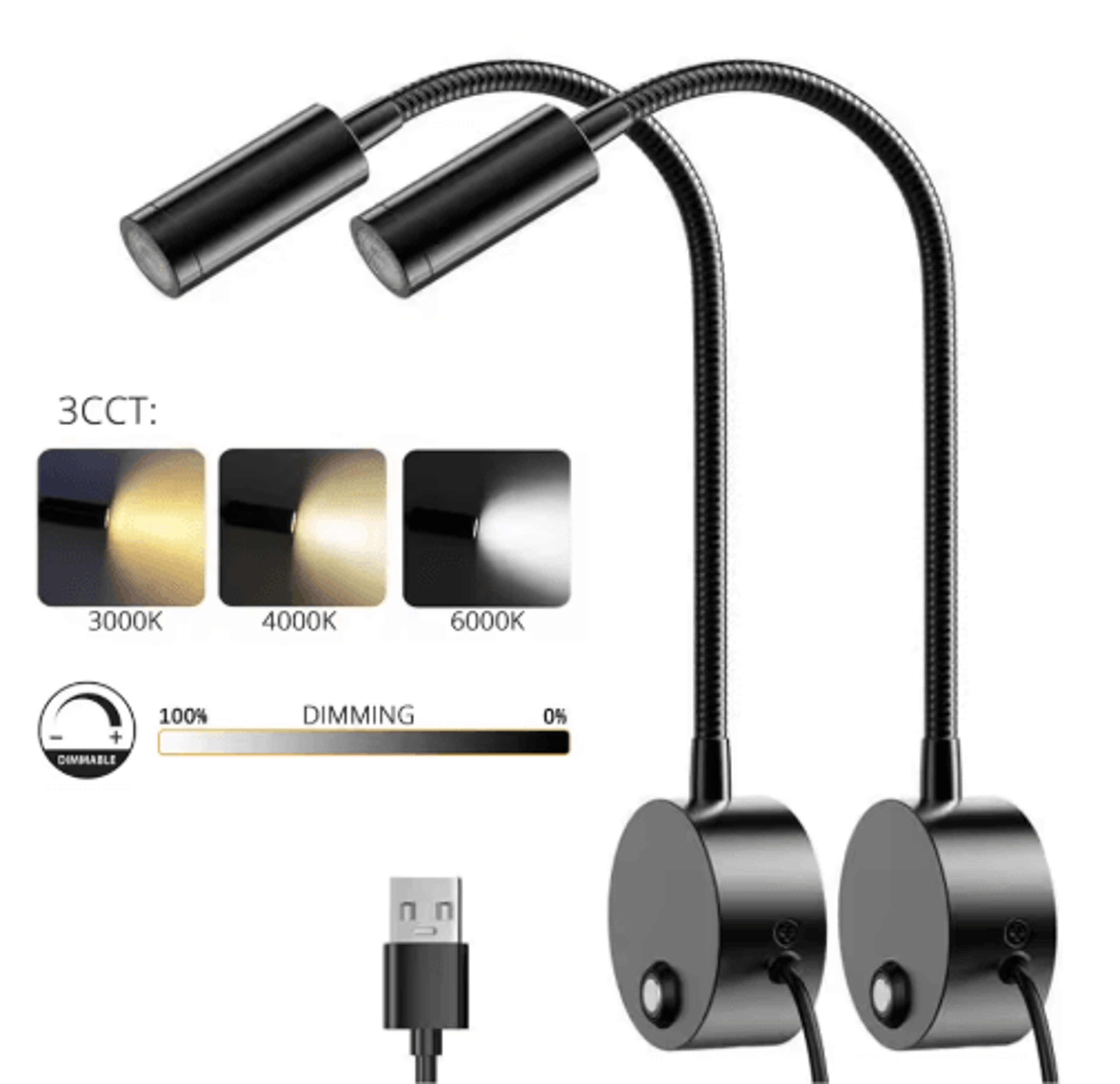 3W Dimmable LED Wall Reading Lamp  3CCT USB Gooseneck Bedside Light 0