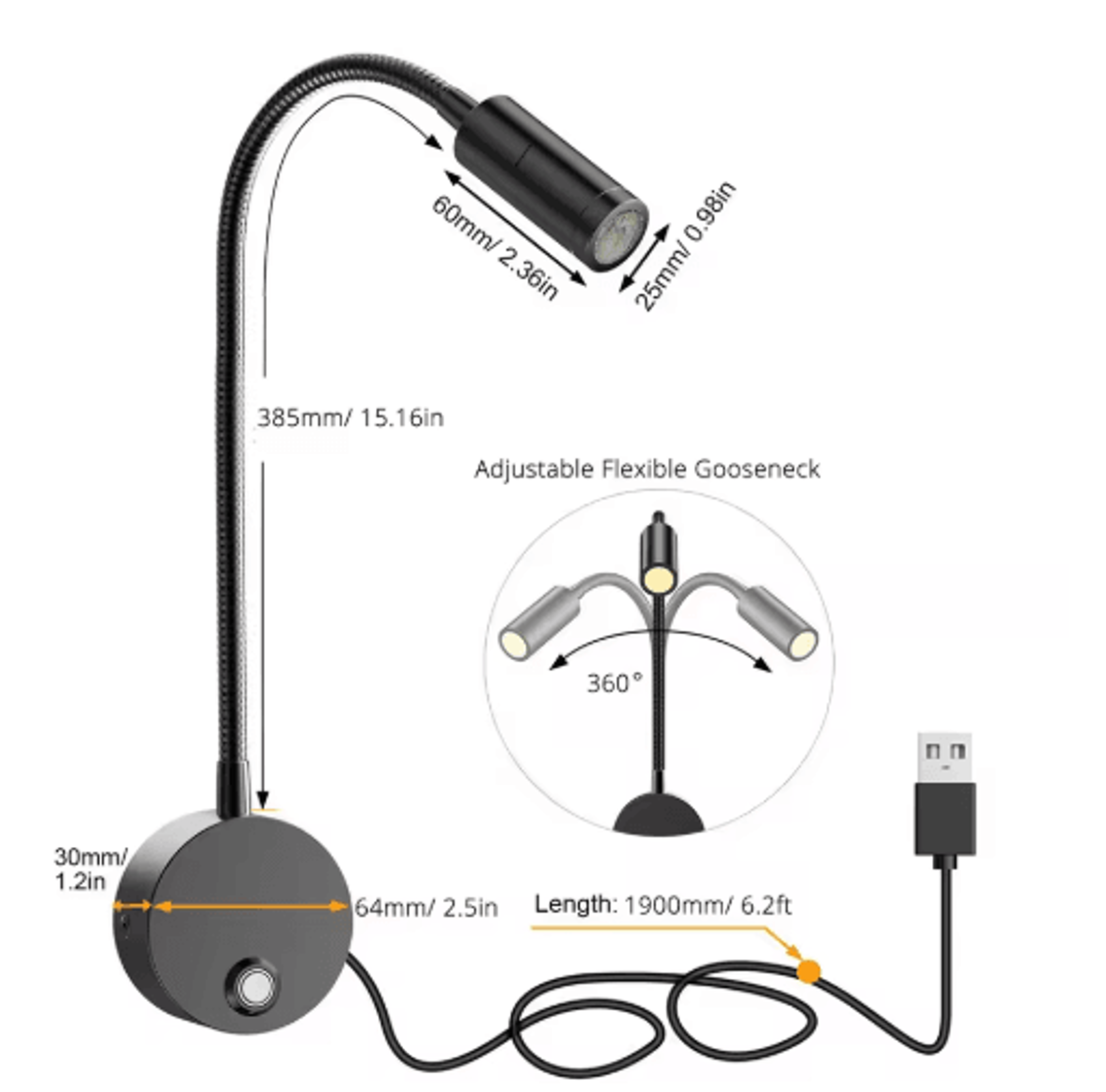 3W Dimmable LED Wall Reading Lamp  3CCT USB Gooseneck Bedside Light 7
