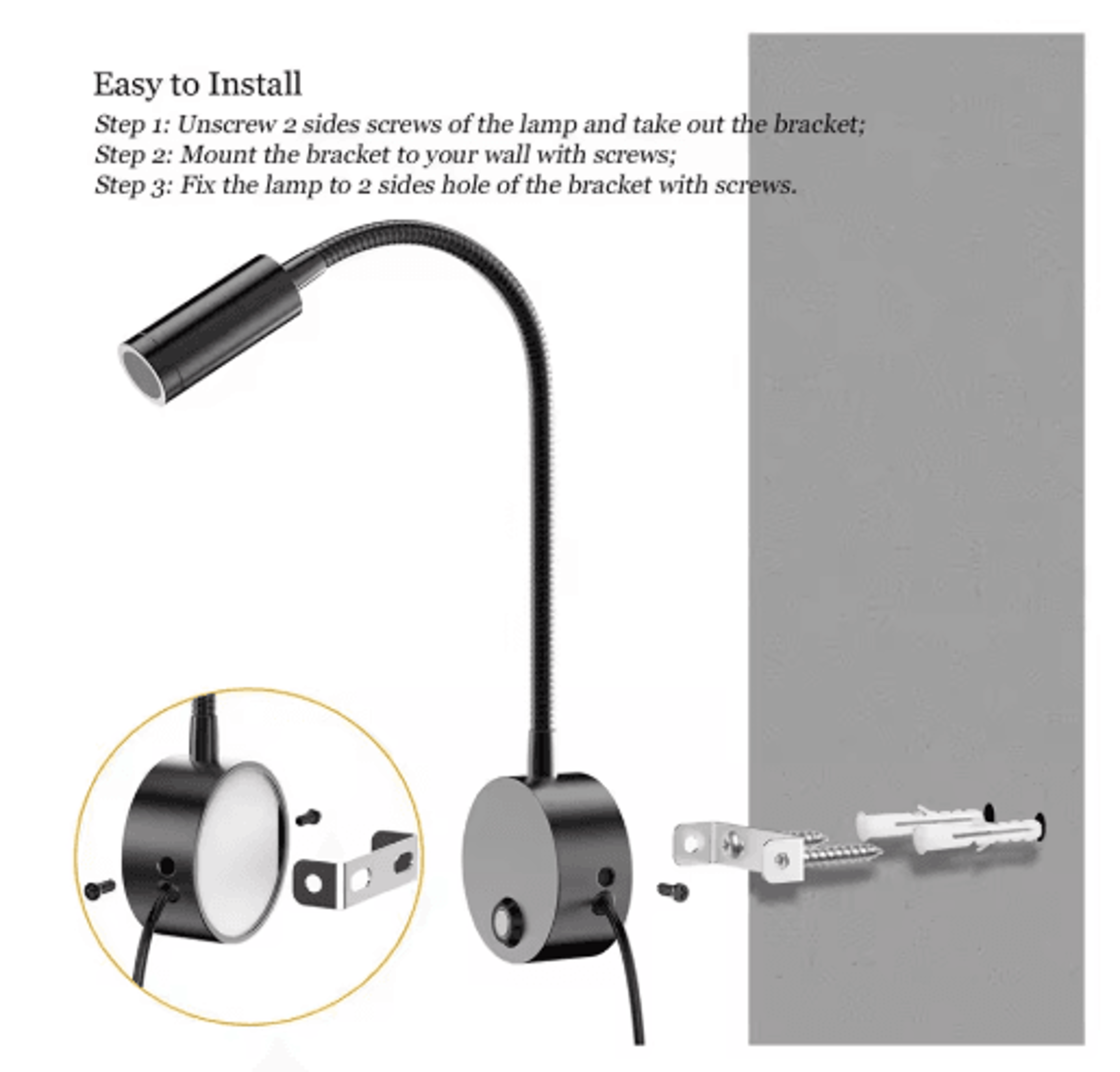 3W Dimmable LED Wall Reading Lamp  3CCT USB Gooseneck Bedside Light 6
