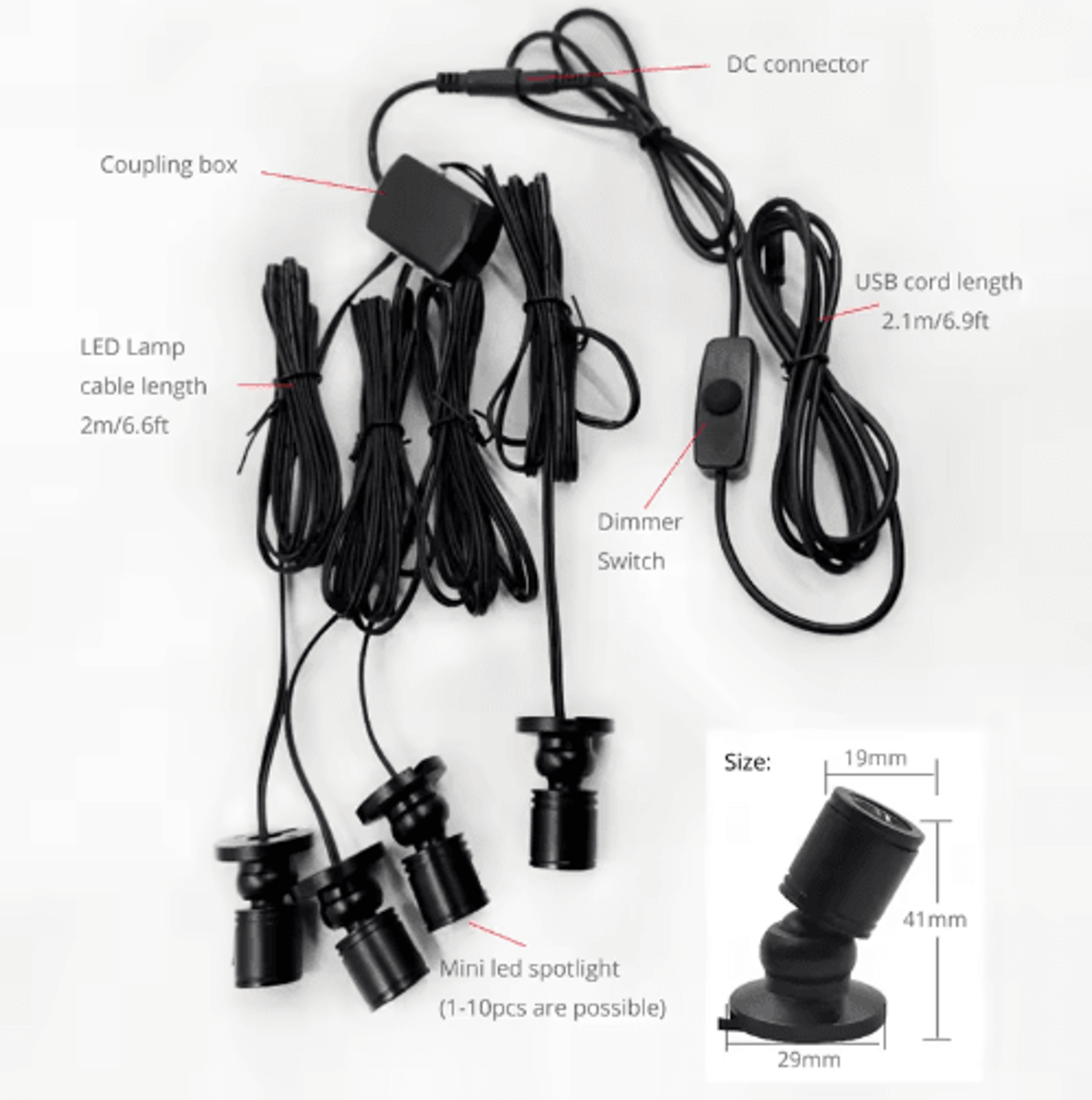 Dimmable USB LED Mini Spotlight  5V 1W Display Cabinet Light 7