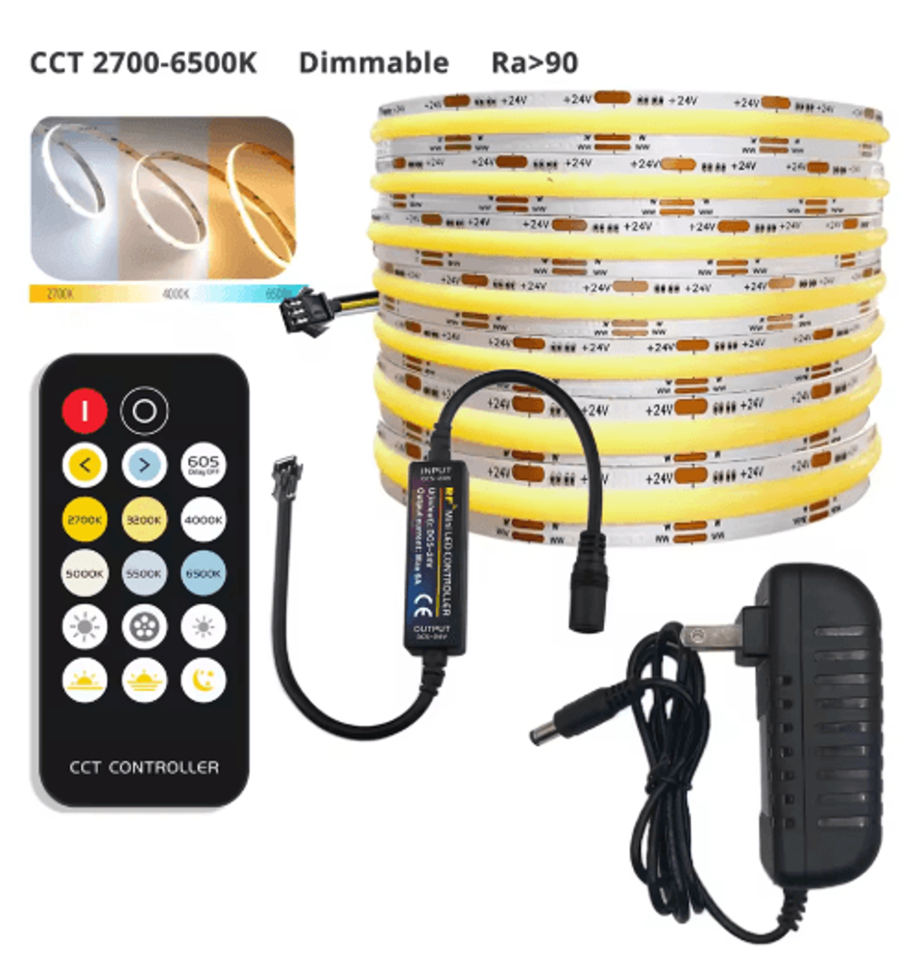 24V COB LED Strip Light Kit  3CCT Tunable White Dimmable Tape With Remote 2