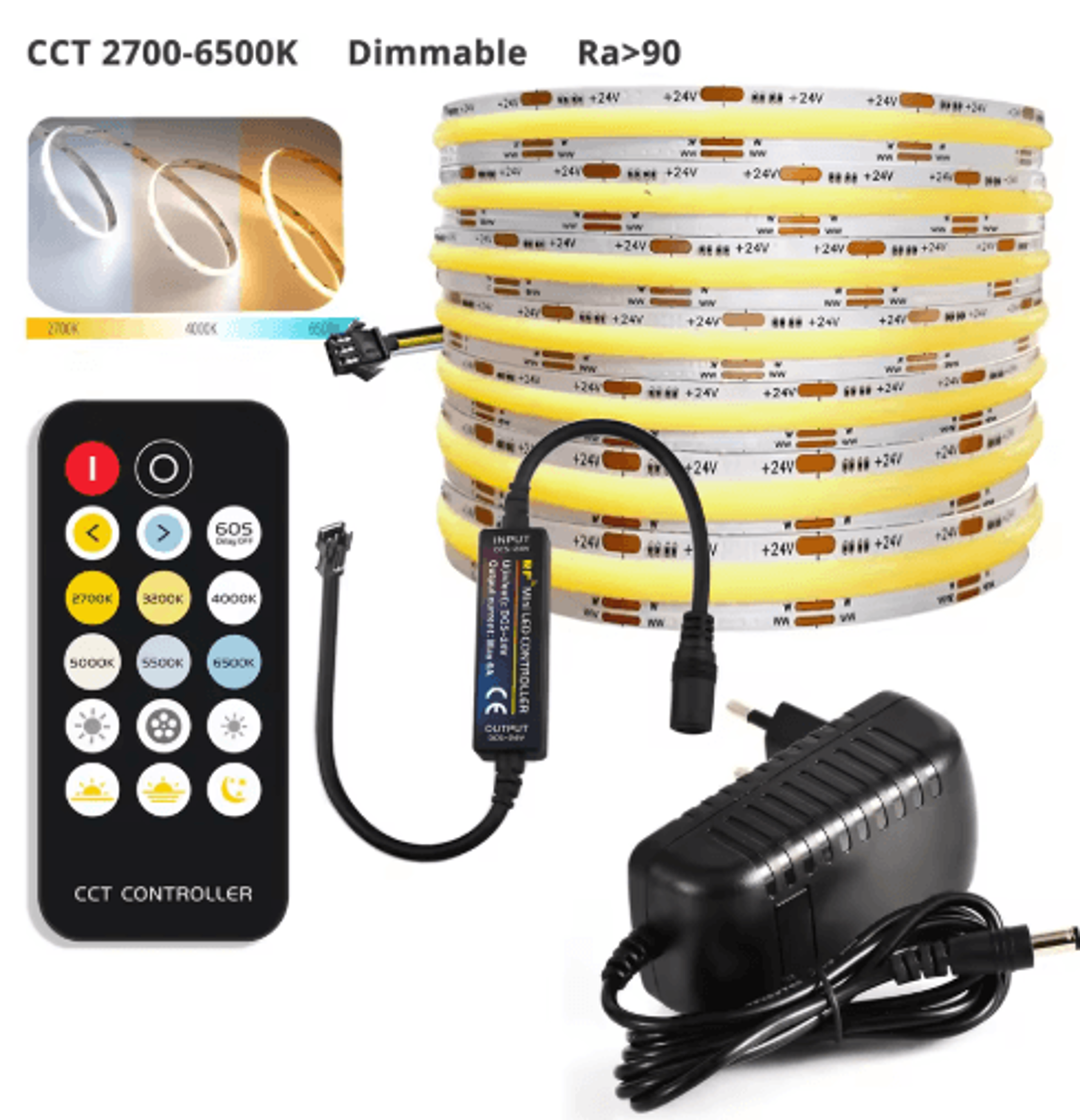 24V COB LED Strip Light Kit  3CCT Tunable White Dimmable Tape With Remote 0