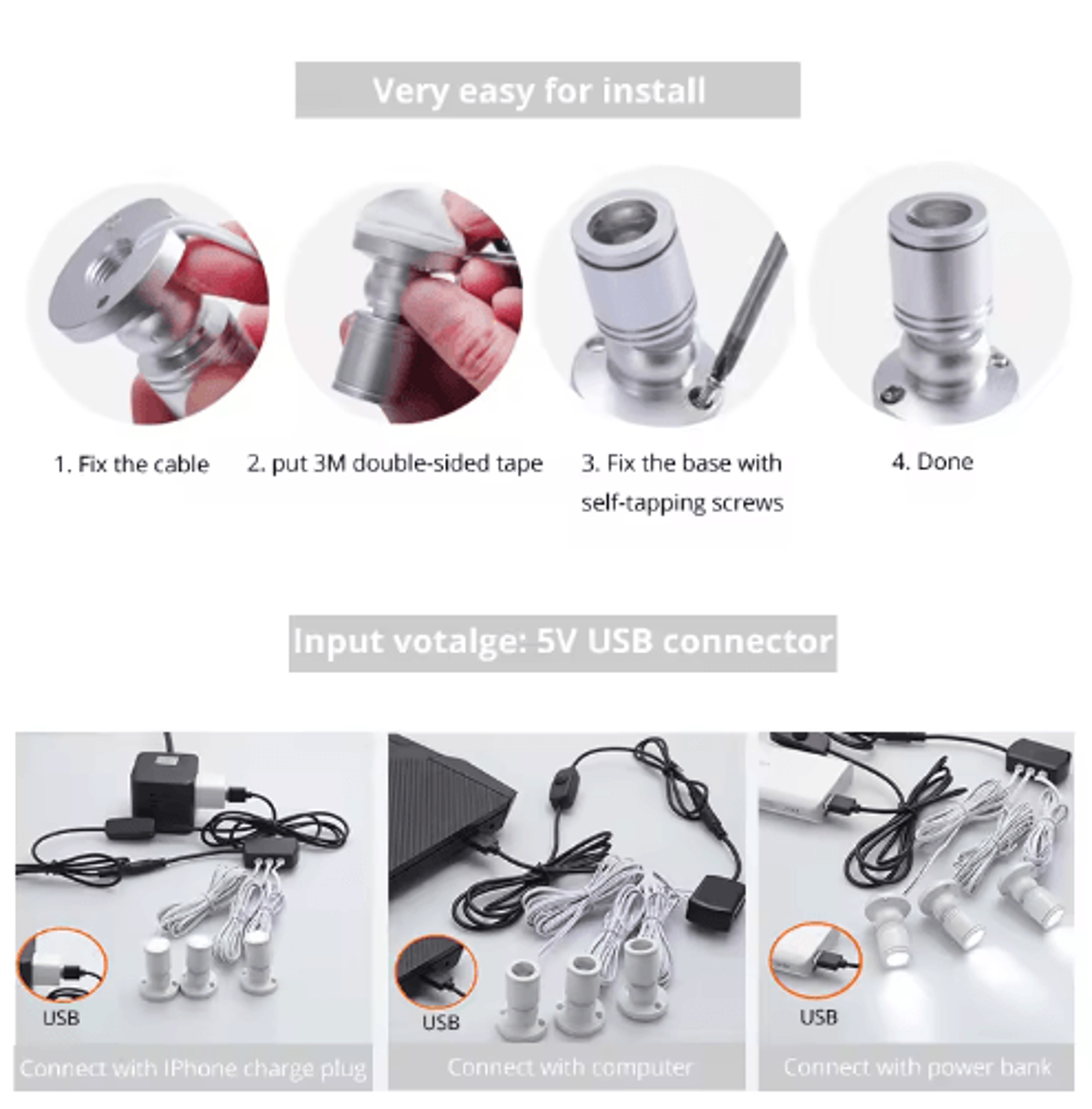Mini 1W USB LED Spotlights  Dimmable 5V Cabinet And Display Lights 5
