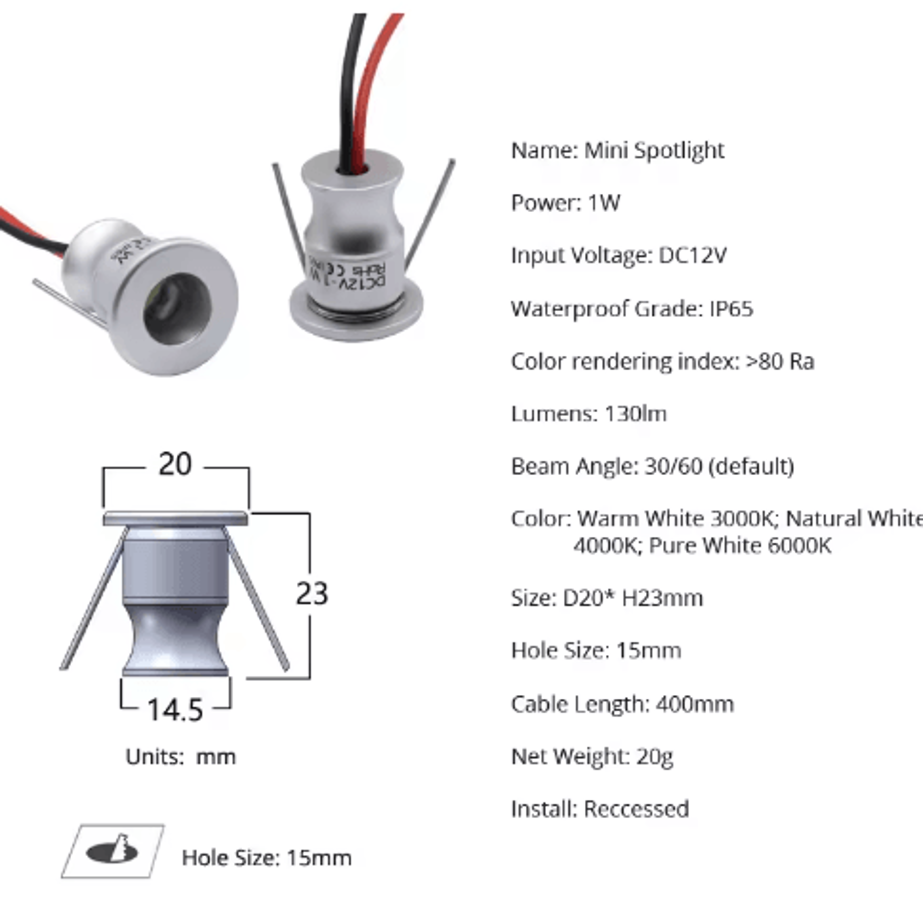 10PCS Mini LED Recessed Spotlights 1W IP65 Waterproof Cabinet Lights With Power Supply 4