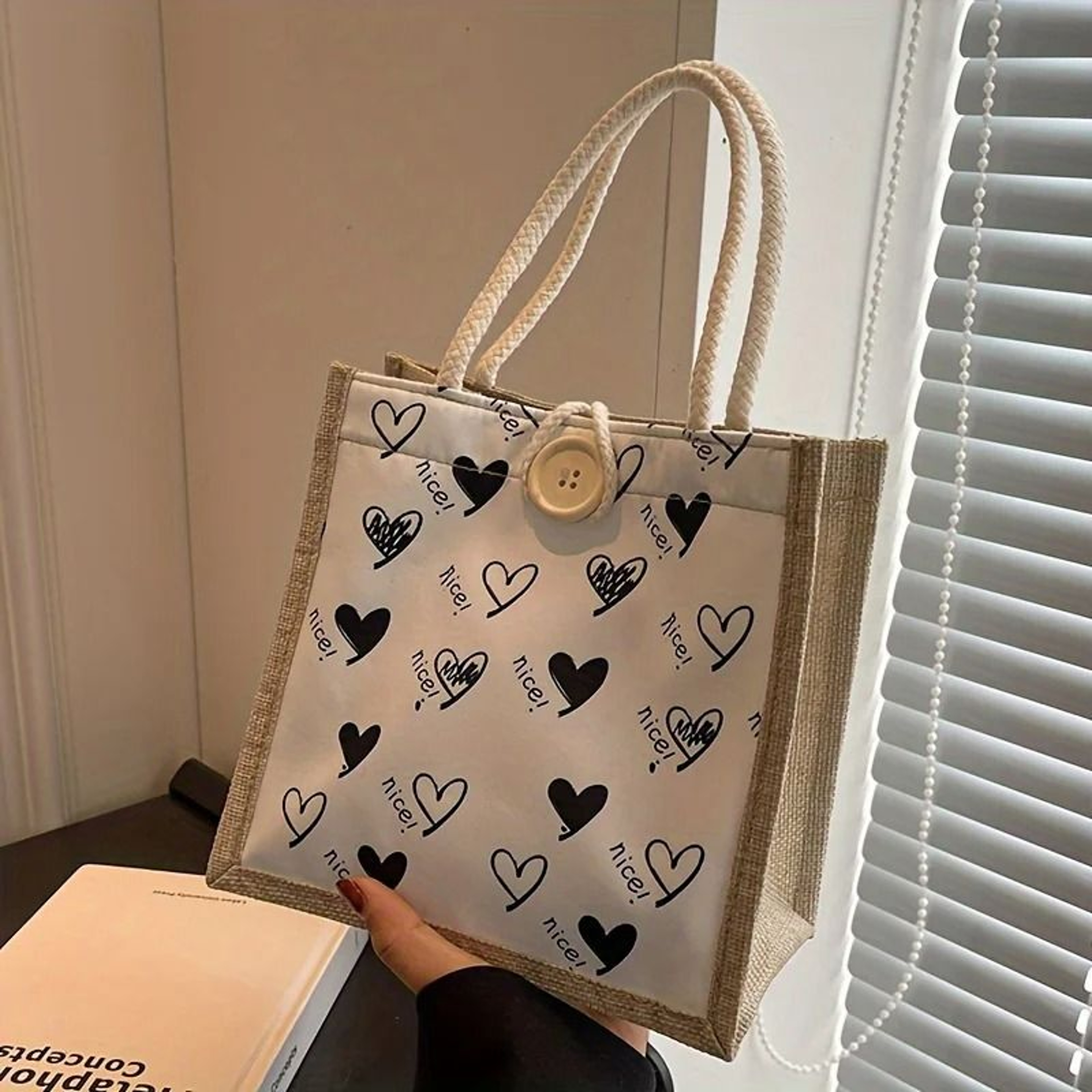 Canvas Tote Bag Linen Handbag Large Capacity Reusable Shopping And Beach Bag With Button 6