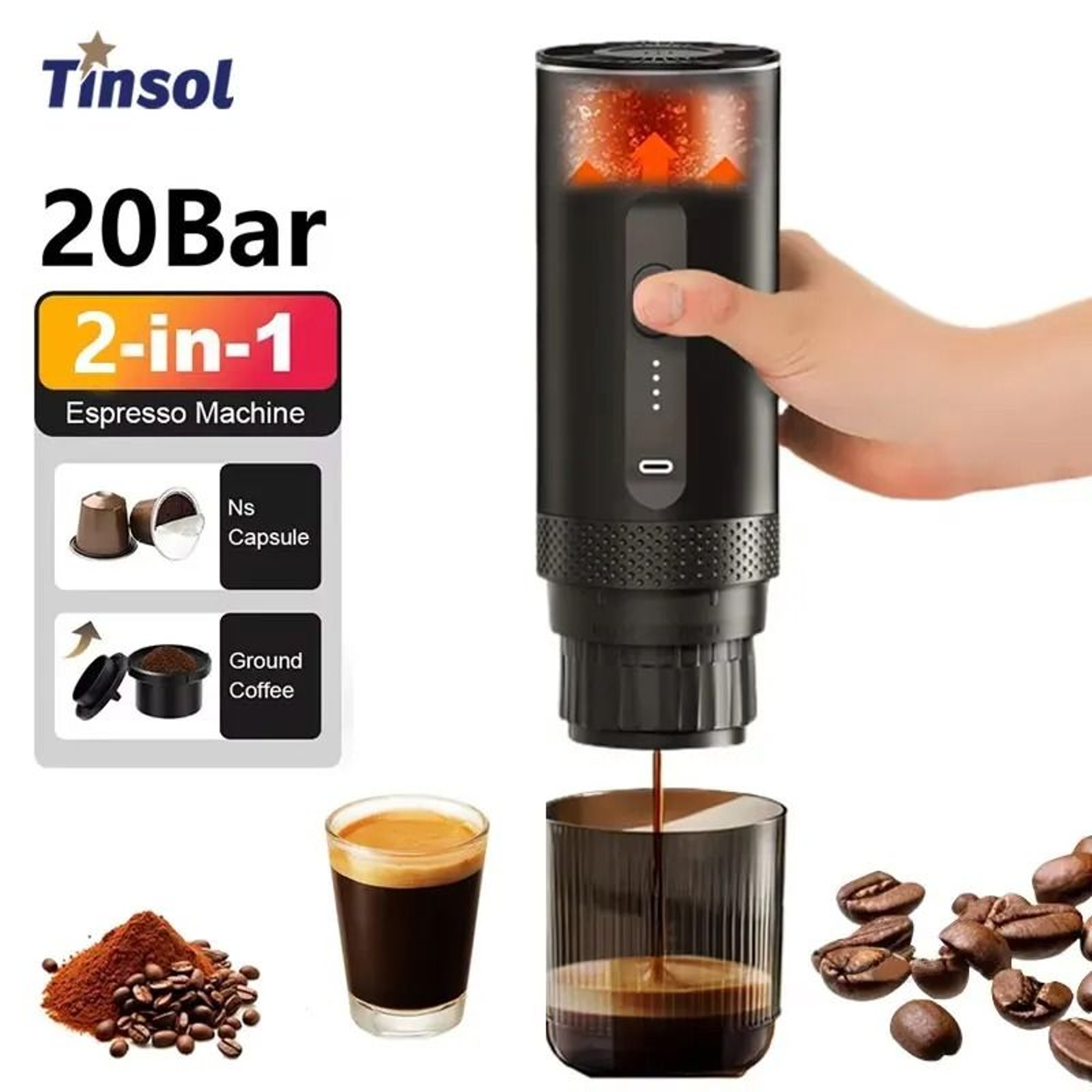 TINSOL 3 In 1 Wireless Portable Espresso Machine Travel Coffee Maker 7