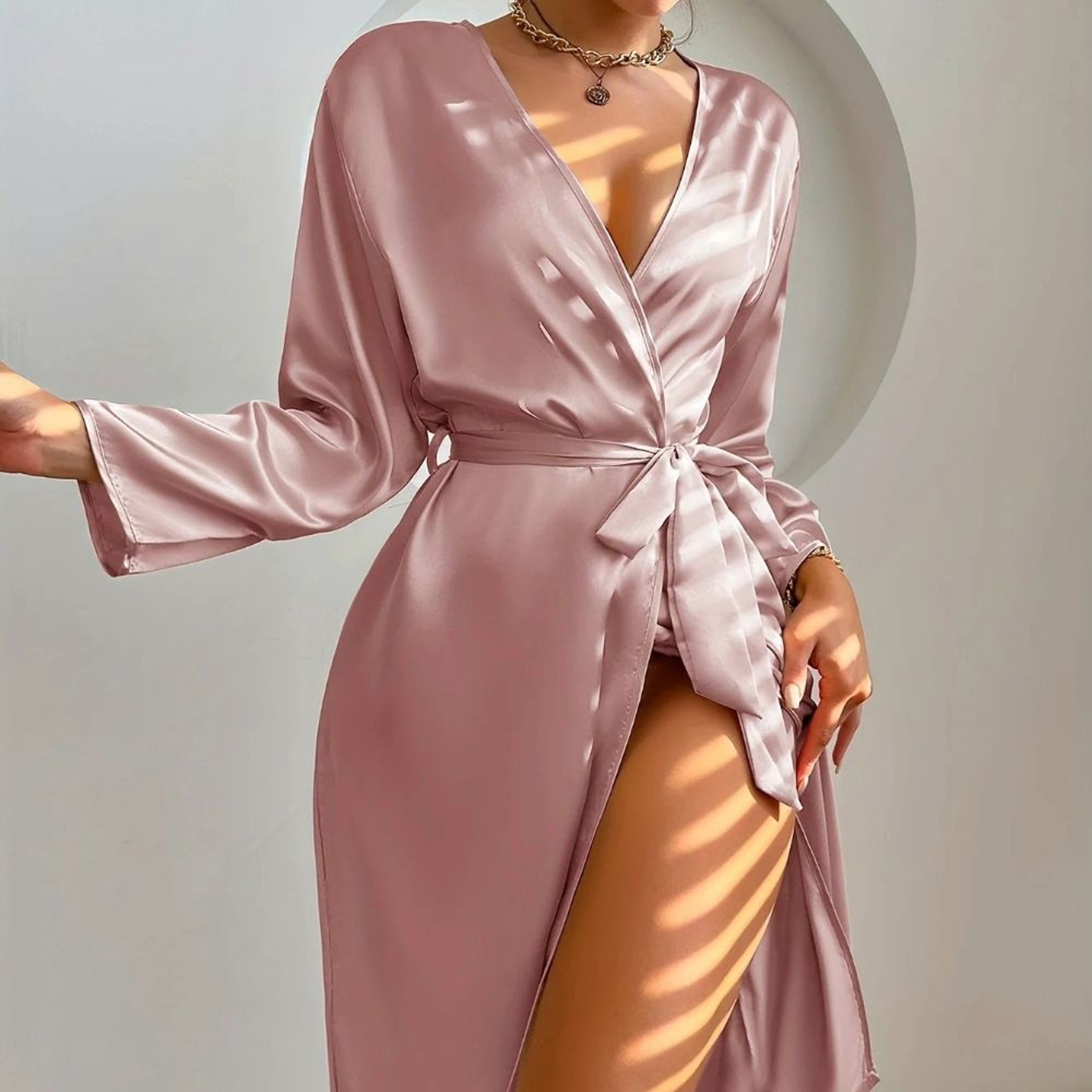 Elegant Womens Satin Robe With Belt Silky Solid Color Loungewear 3