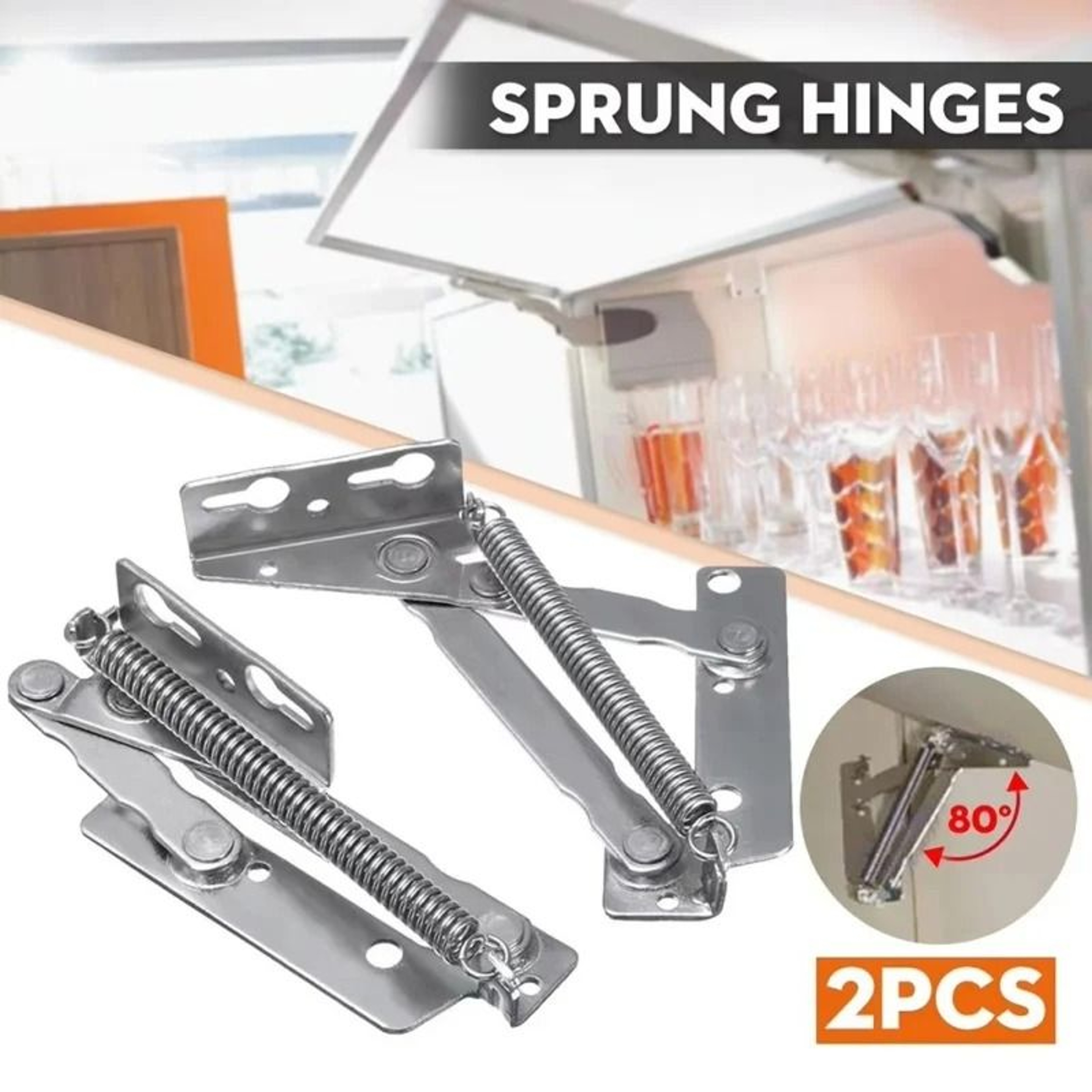 FlexHold Cabinet Lift Up Hinge Adjustable 80 Degree Sprung Flap Support Pair 6