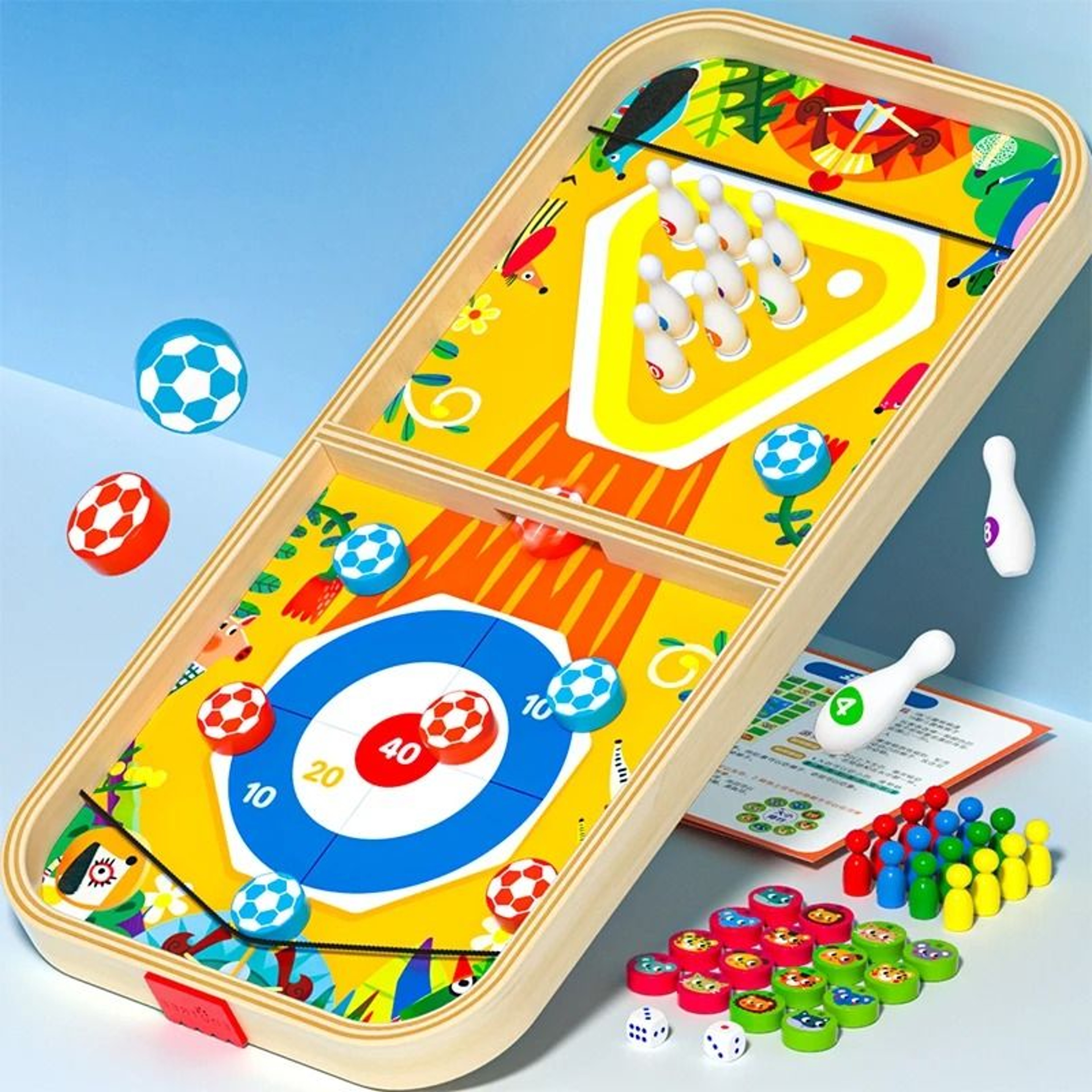 Wooden Multi Game Board Set Bounce Chess Hockey And Bowling Family Game 5