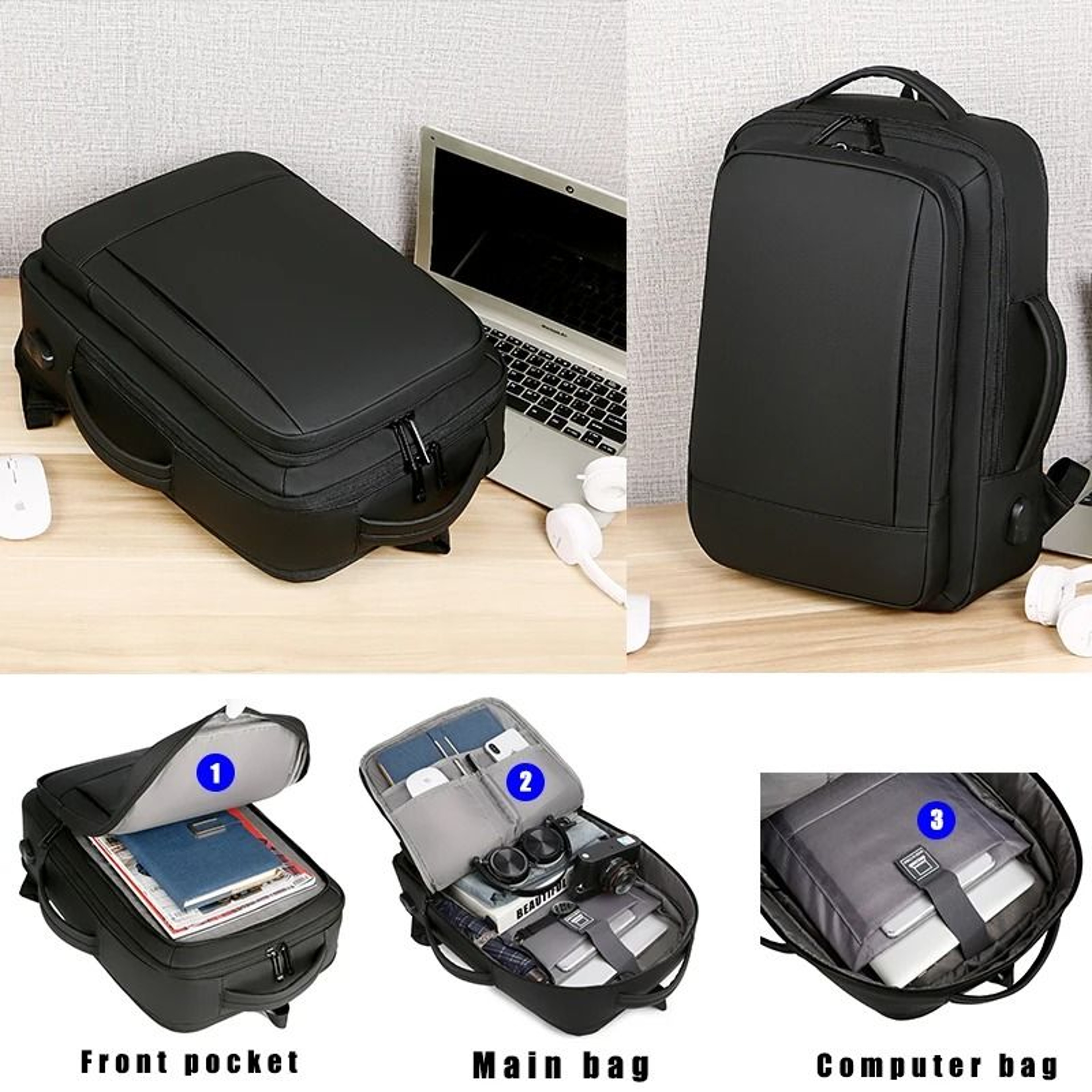 Expandable Waterproof Business Travel Backpack With USB Charging Port 6