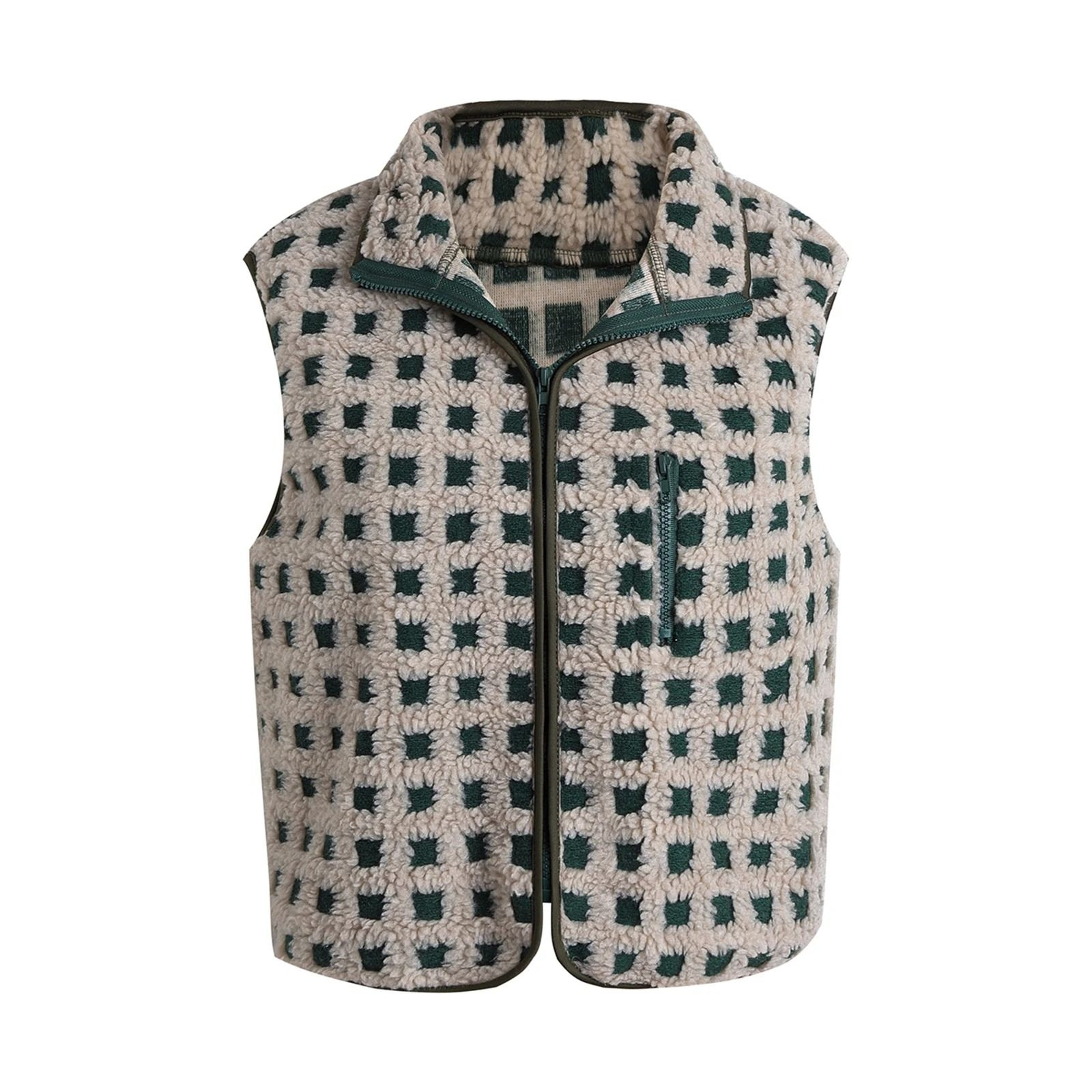 Womens Fuzzy Checkered Vest Zip Up Sleeveless Jacket Vest Warm Stand Collar Casual Outwear 1