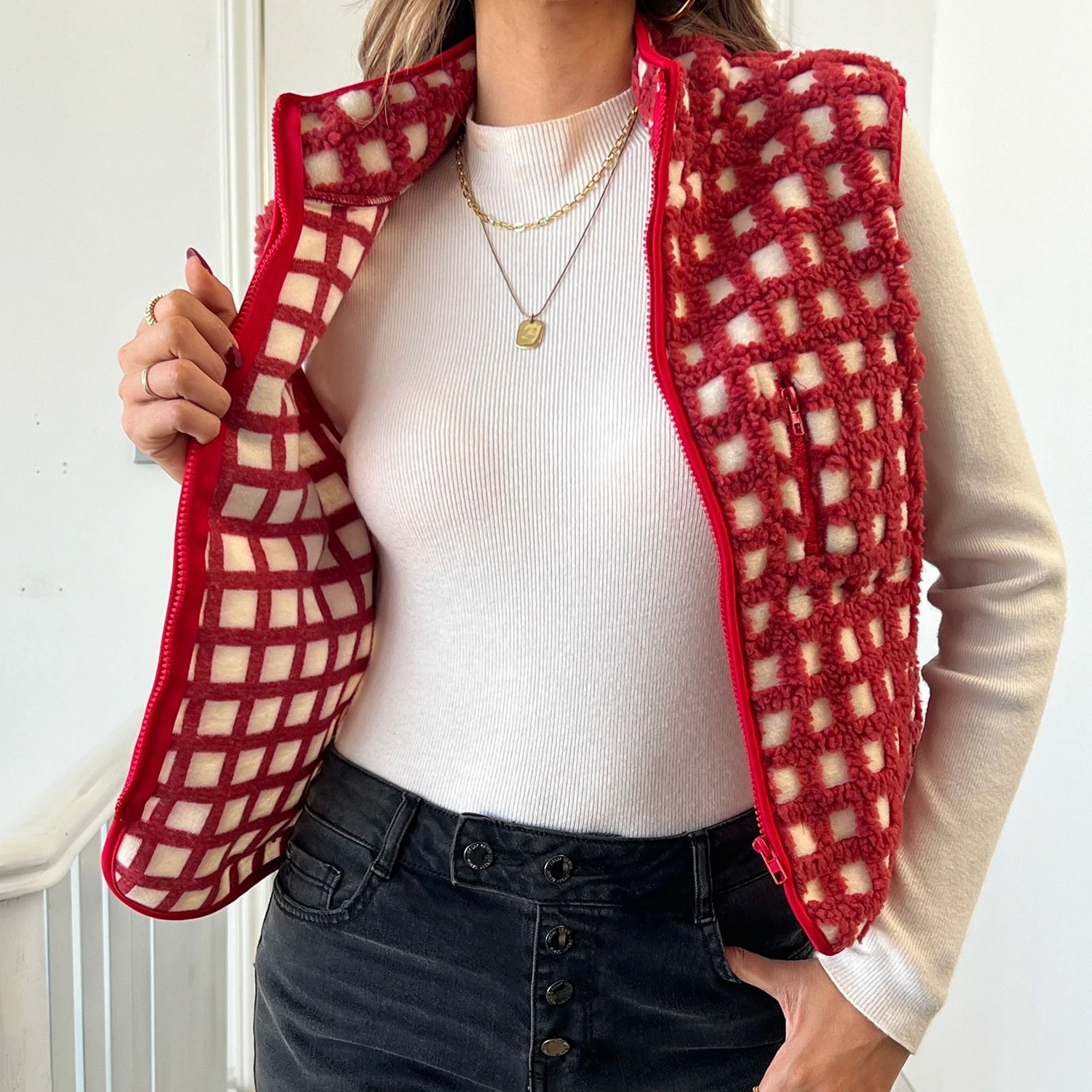 Womens Fuzzy Checkered Vest Zip Up Sleeveless Jacket Vest Warm Stand Collar Casual Outwear 8
