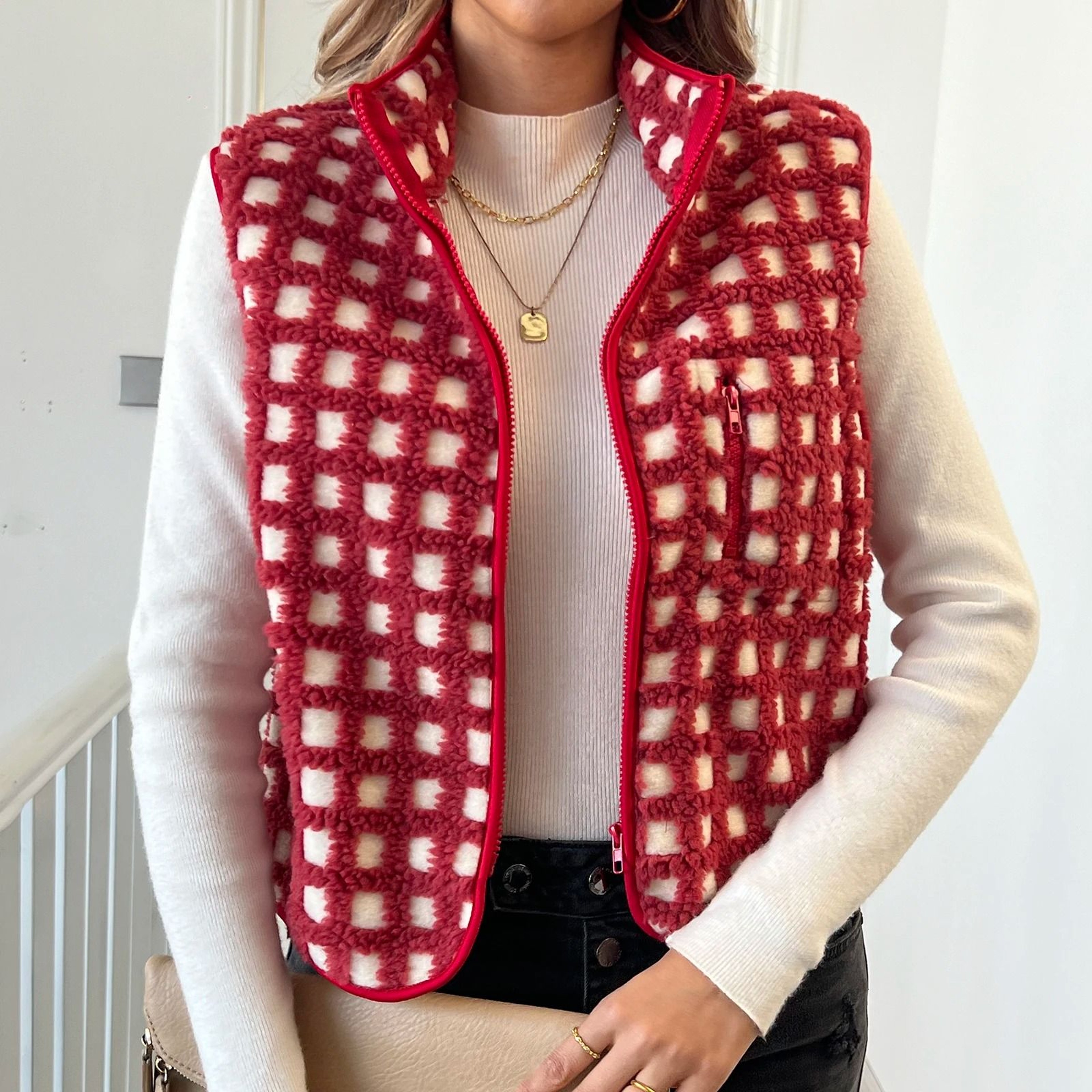 Womens Fuzzy Checkered Vest Zip Up Sleeveless Jacket Vest Warm Stand Collar Casual Outwear 9