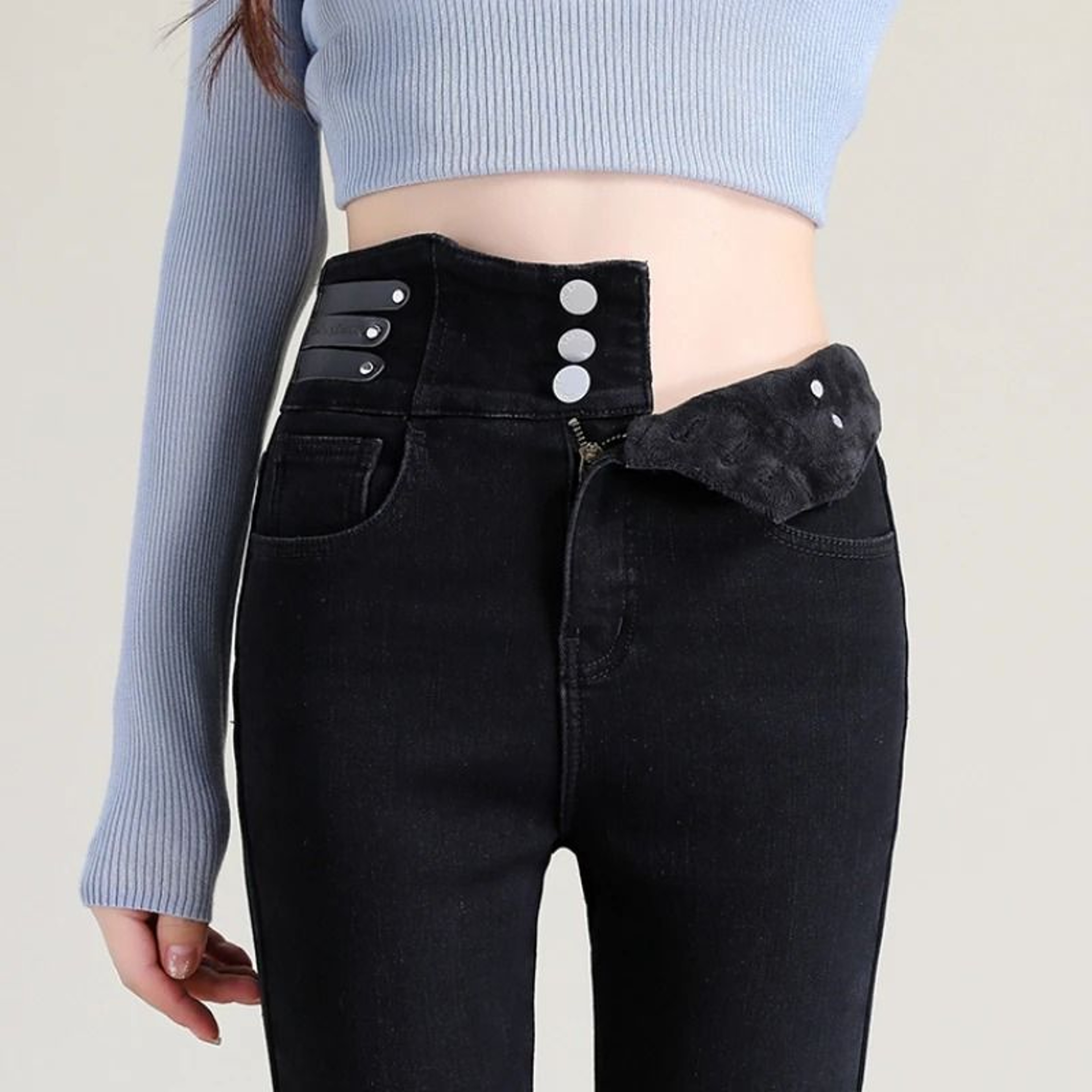 Womens High Waist Fleece Lined Jeans Warm Thermal Slim Winter Denim Pants 1