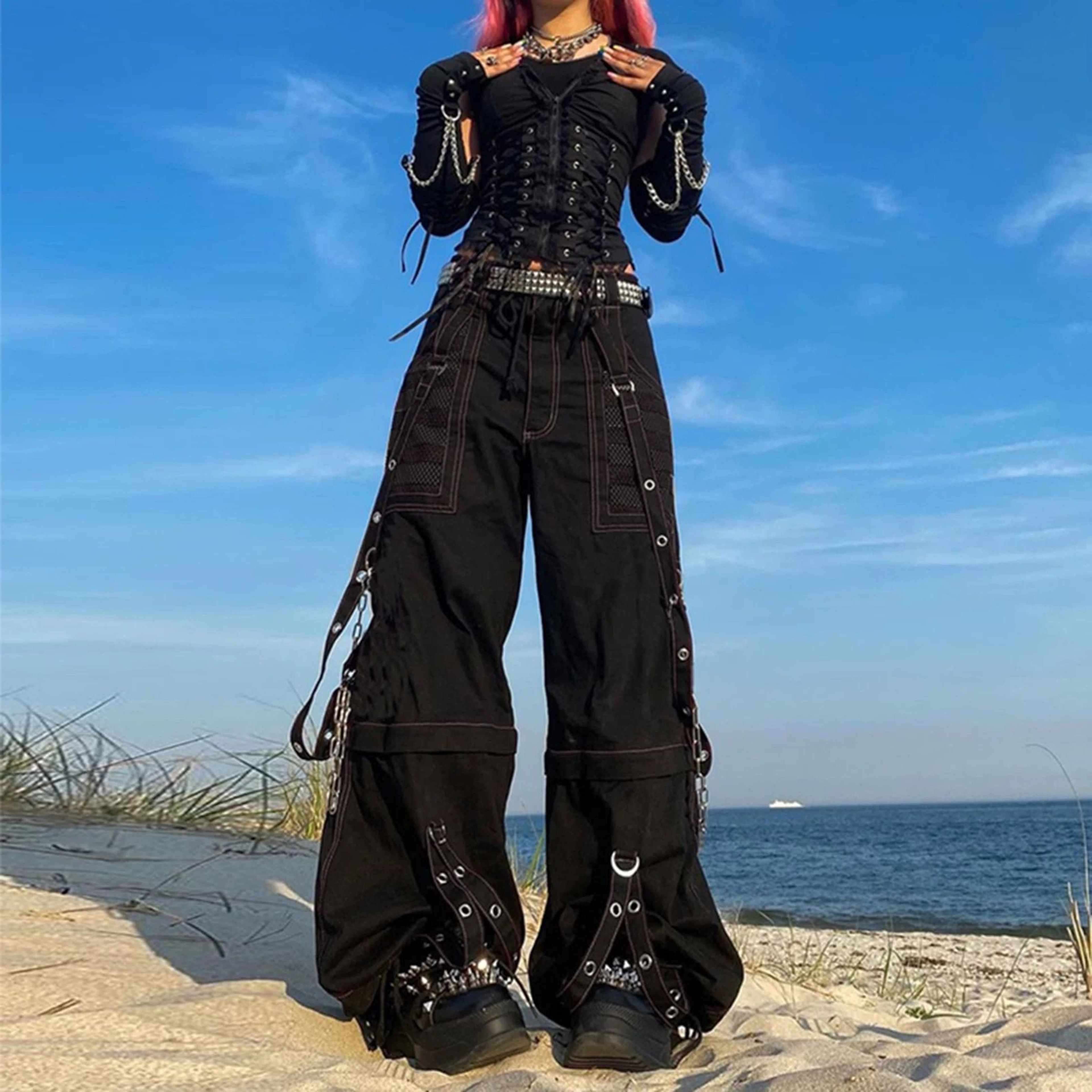 Womens Cargo Jeans Loose Fit Streetwear Denim Pants With Pockets 0