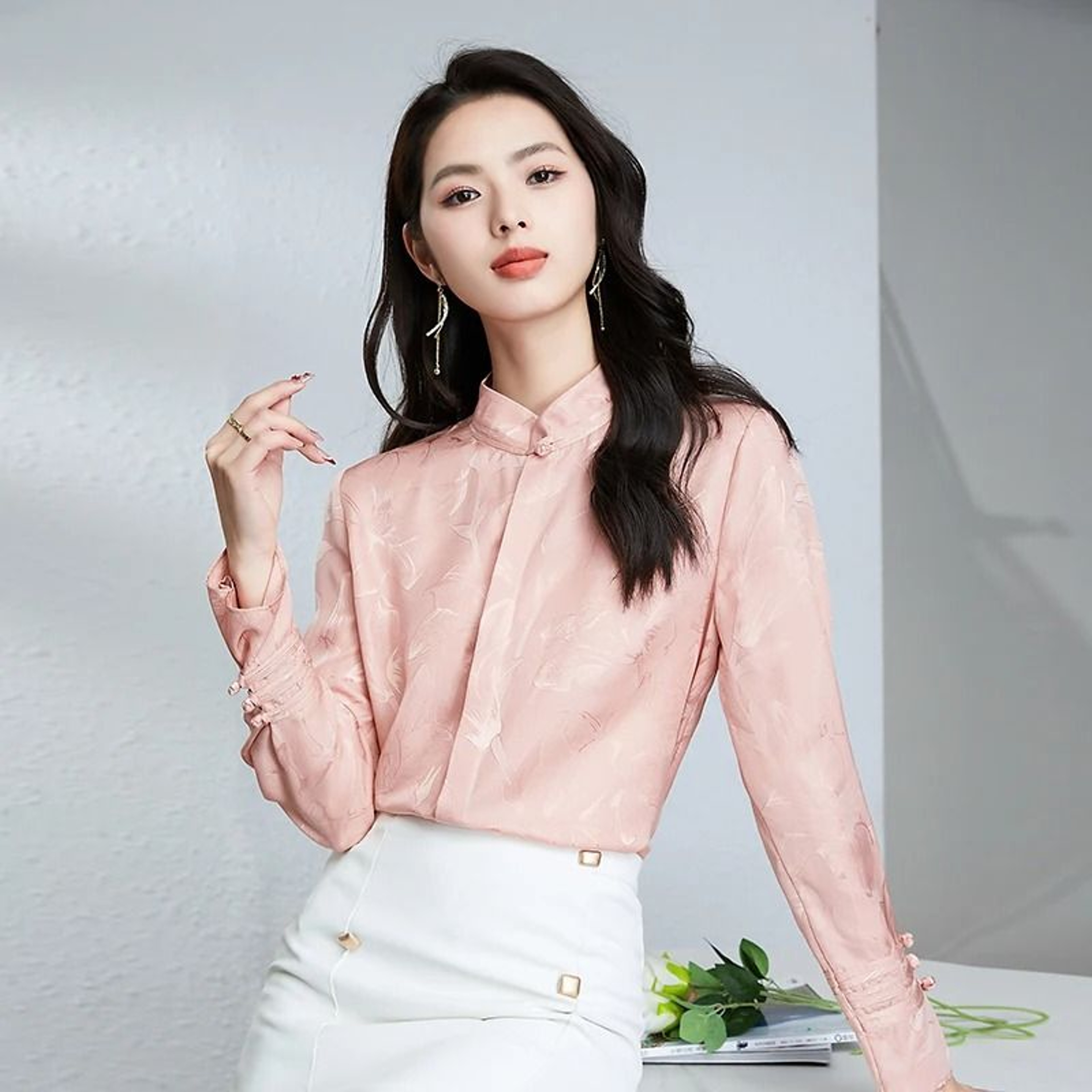 Womens Natural Silk Blouse Stand Collar Long Sleeve Jacquard Silk Shirt 6