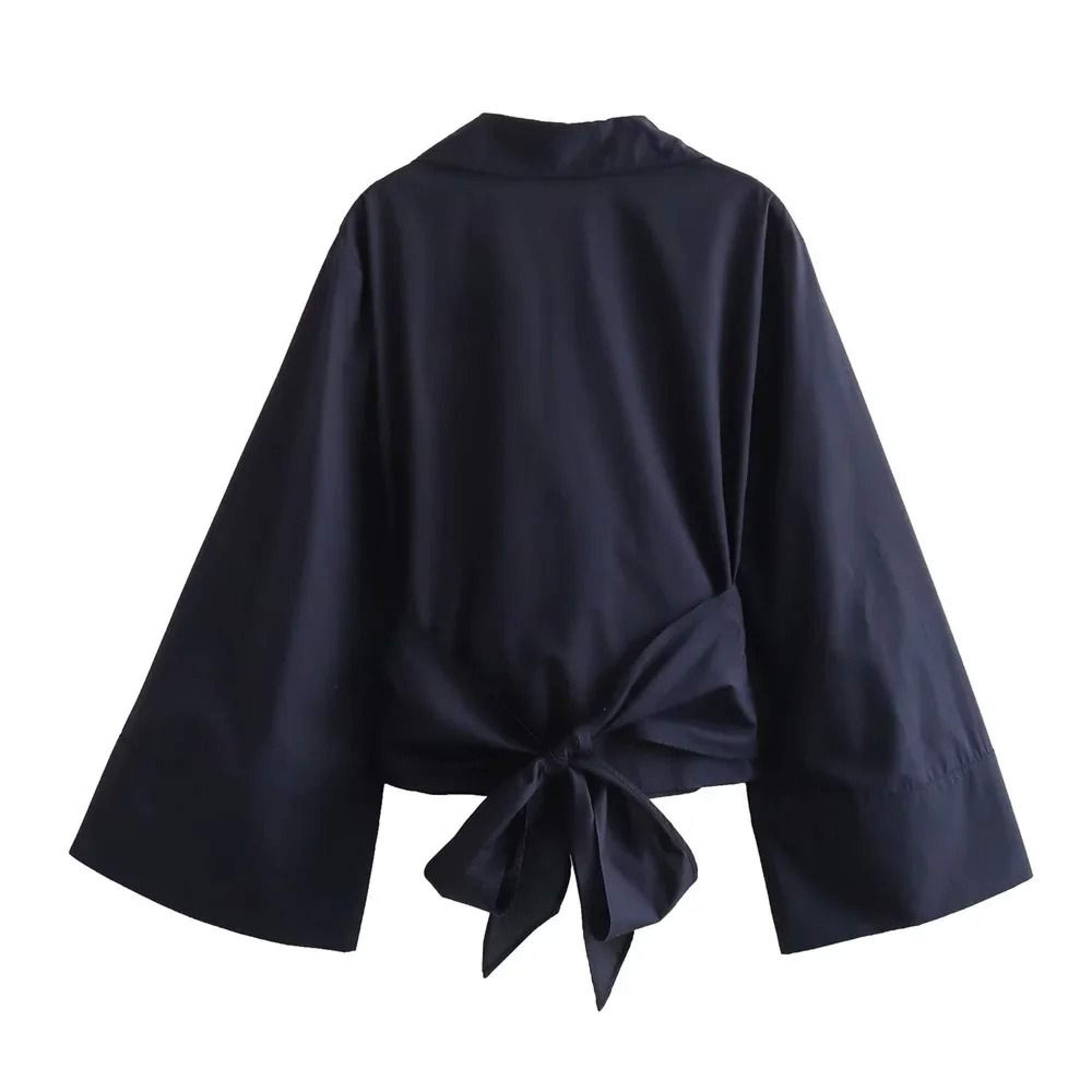 Womens Bow Tie Blouse Double Breasted Polo Collar Shirt Cropped Poplin Top 3
