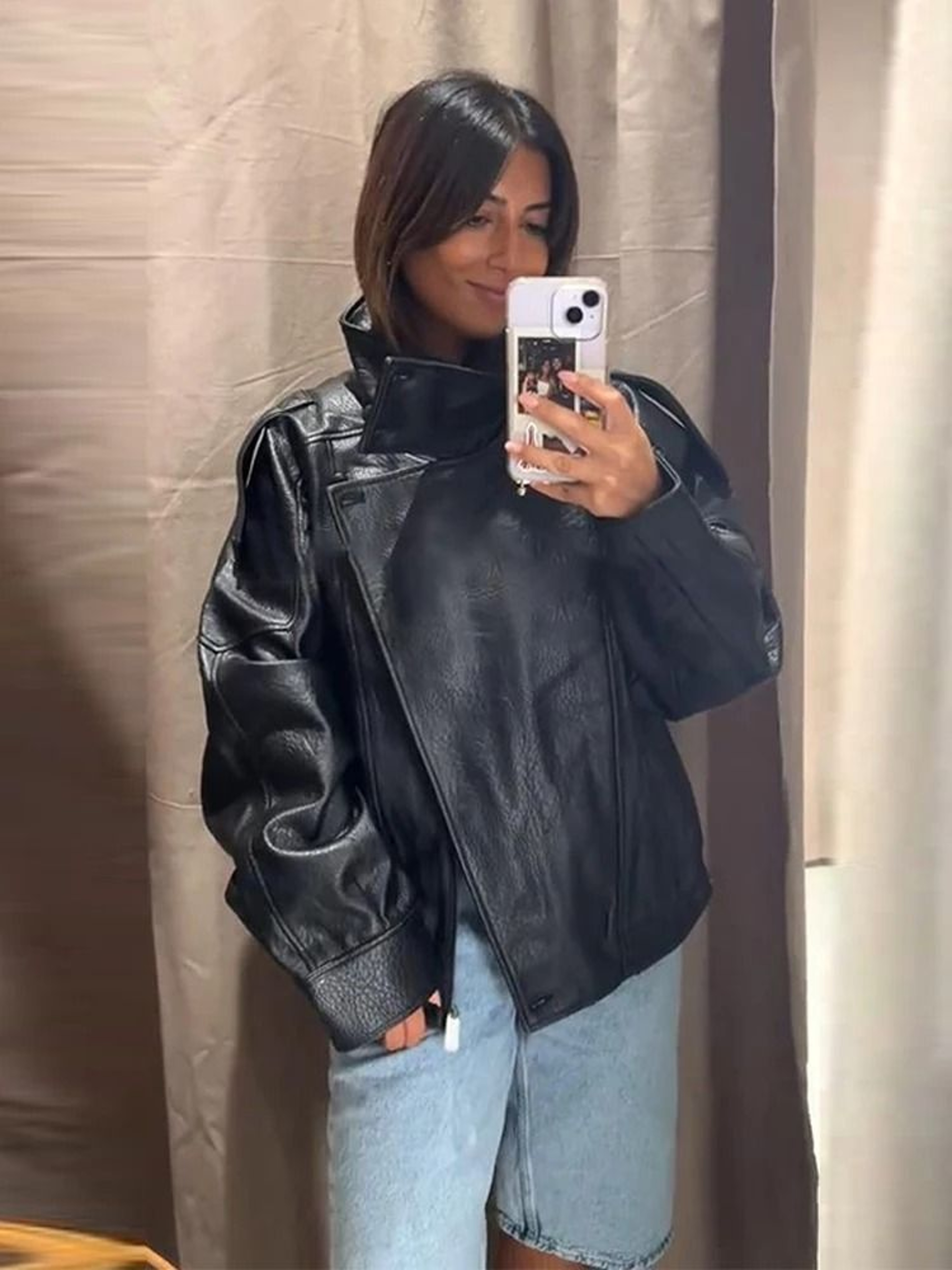 Womens PU Leather Jacket Stand Collar Asymmetric Button Casual Black Biker Jacket 6