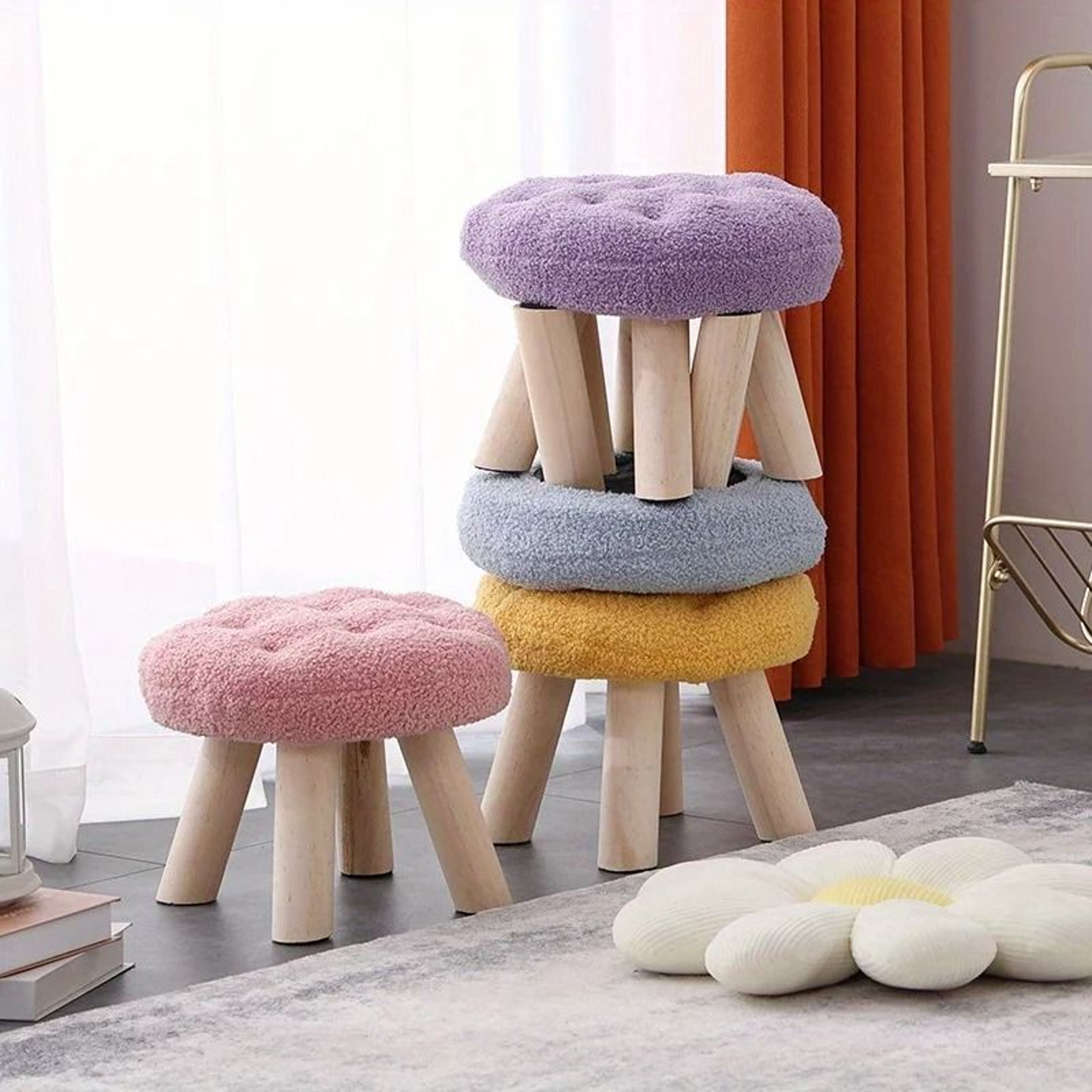Round Upholstered Footstool Small Decorative Ottoman Shoe Changing Stool For Living Room 7