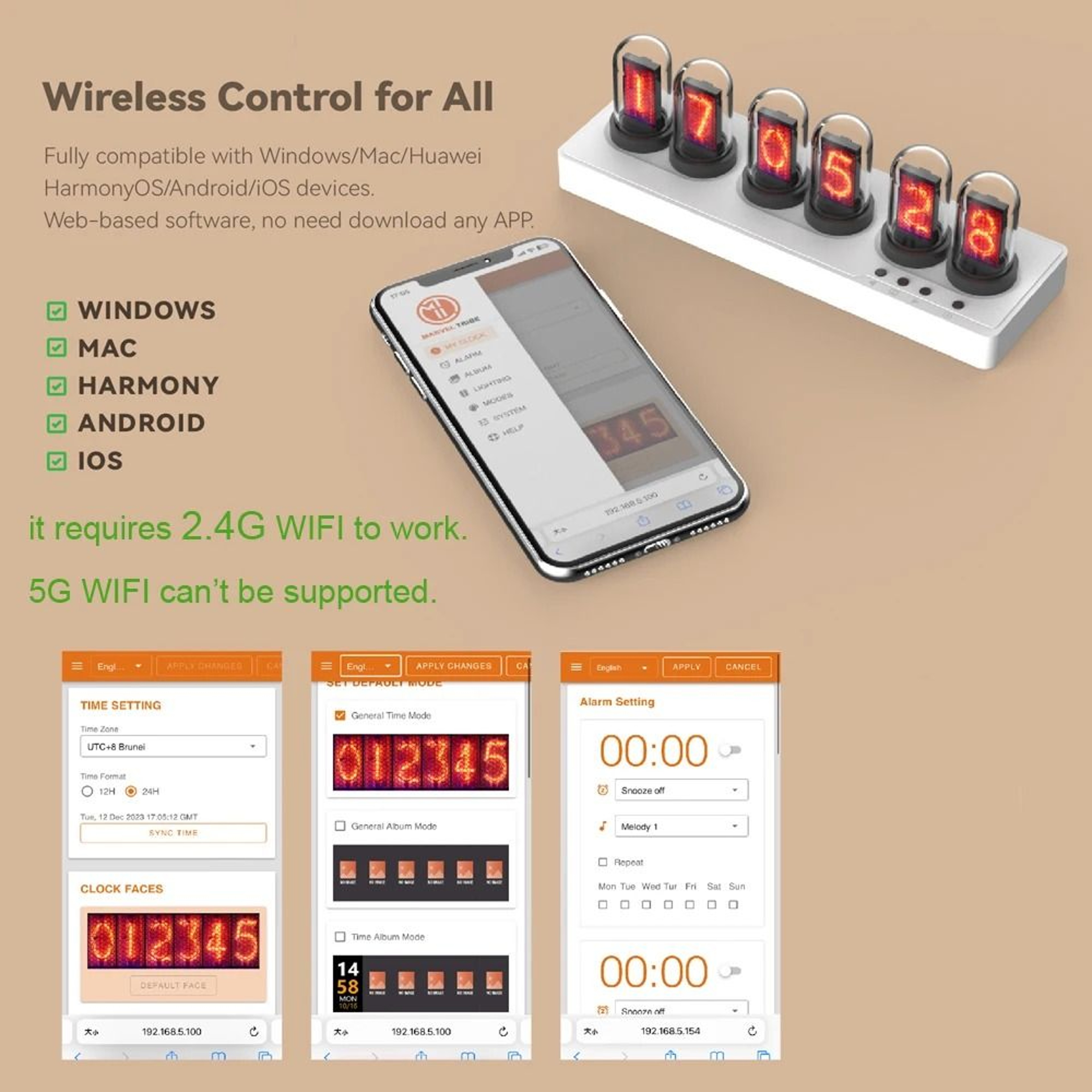 WiFi RGB Nixie Tube Alarm Clock Smart IPS Display Gaming Desk Clock 6