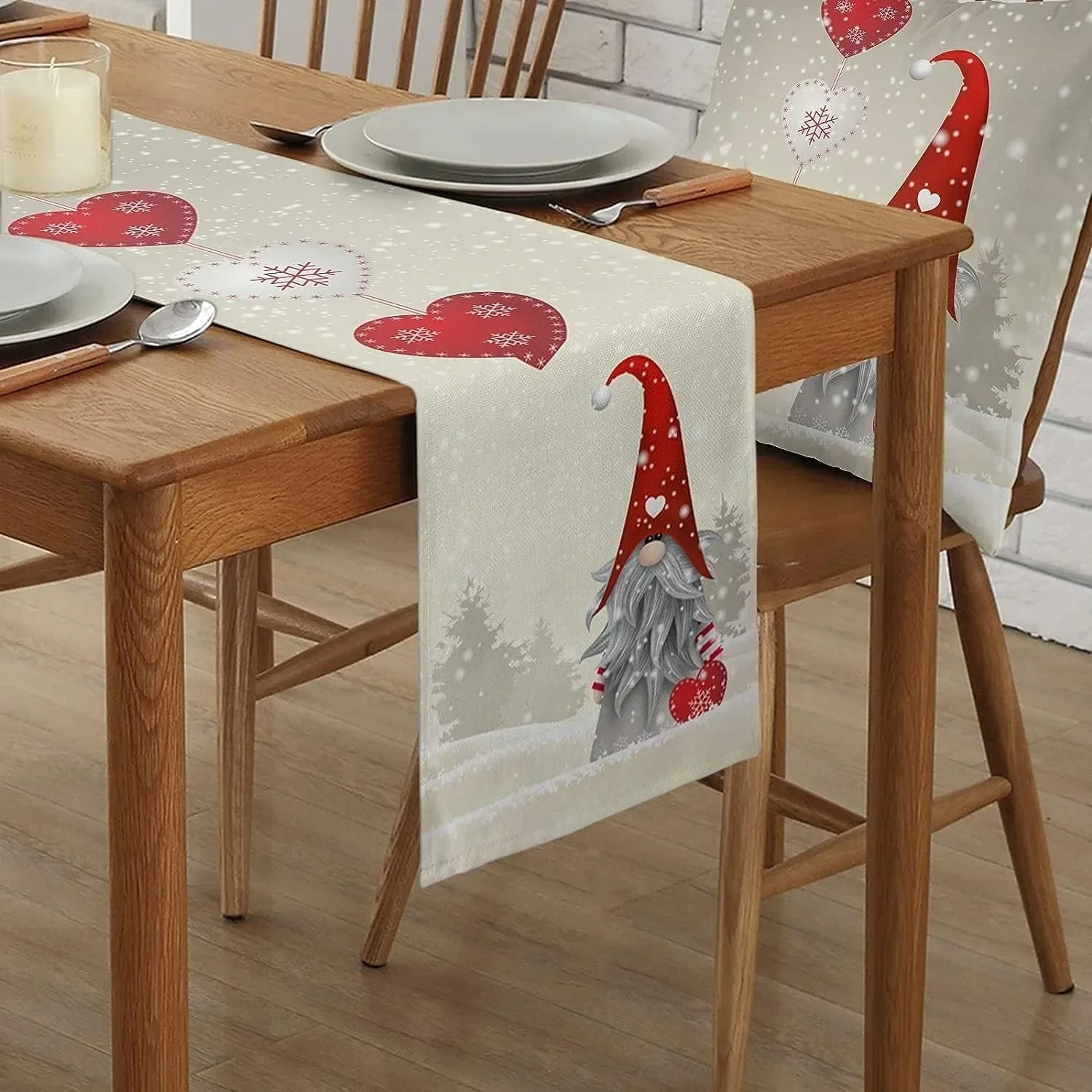 Christmas Gnome Table Runner Linen Holiday Snowflake Dining Table Decor 5