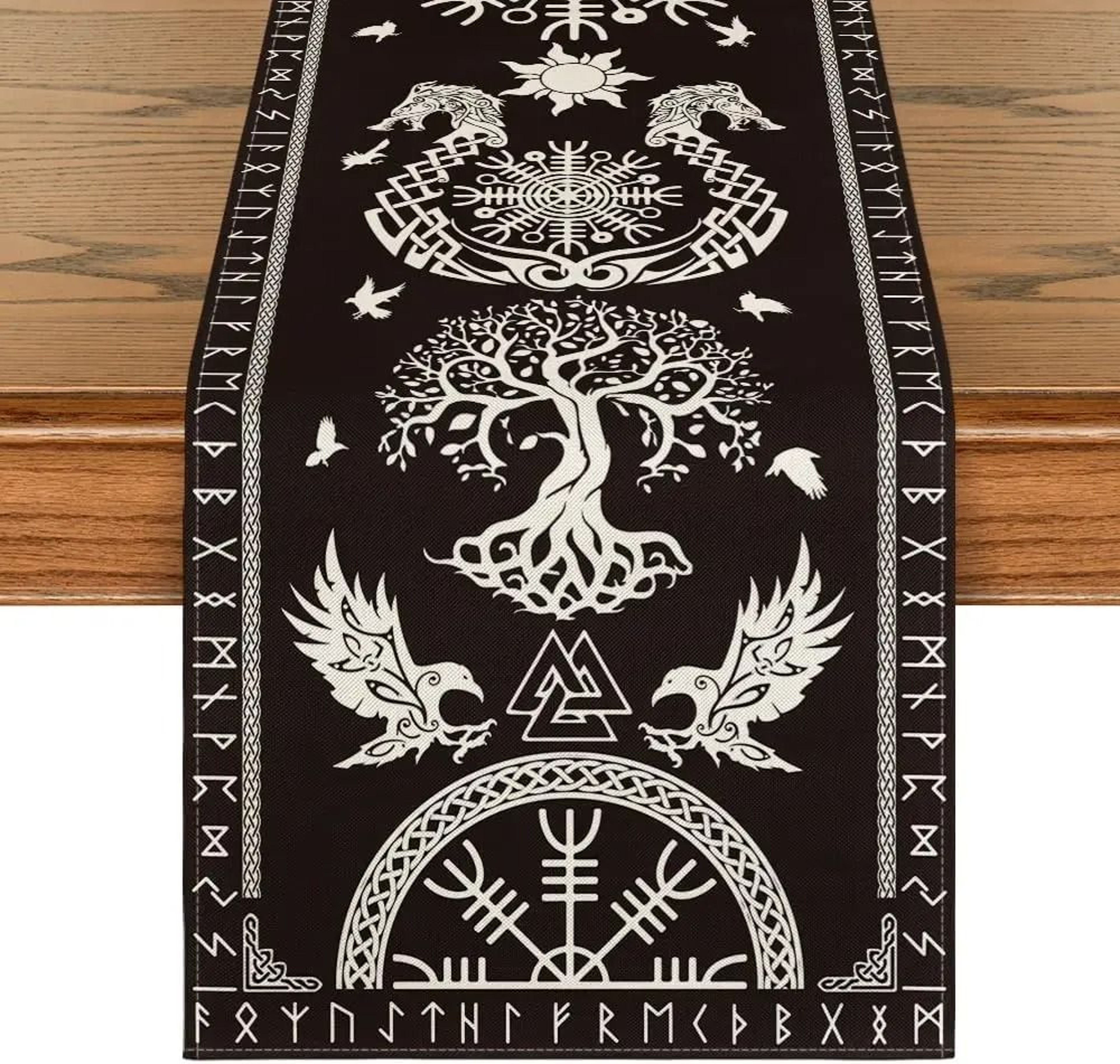 Viking Raven Helm Of Awe Linen Table Runner Norse Dining Decor 1