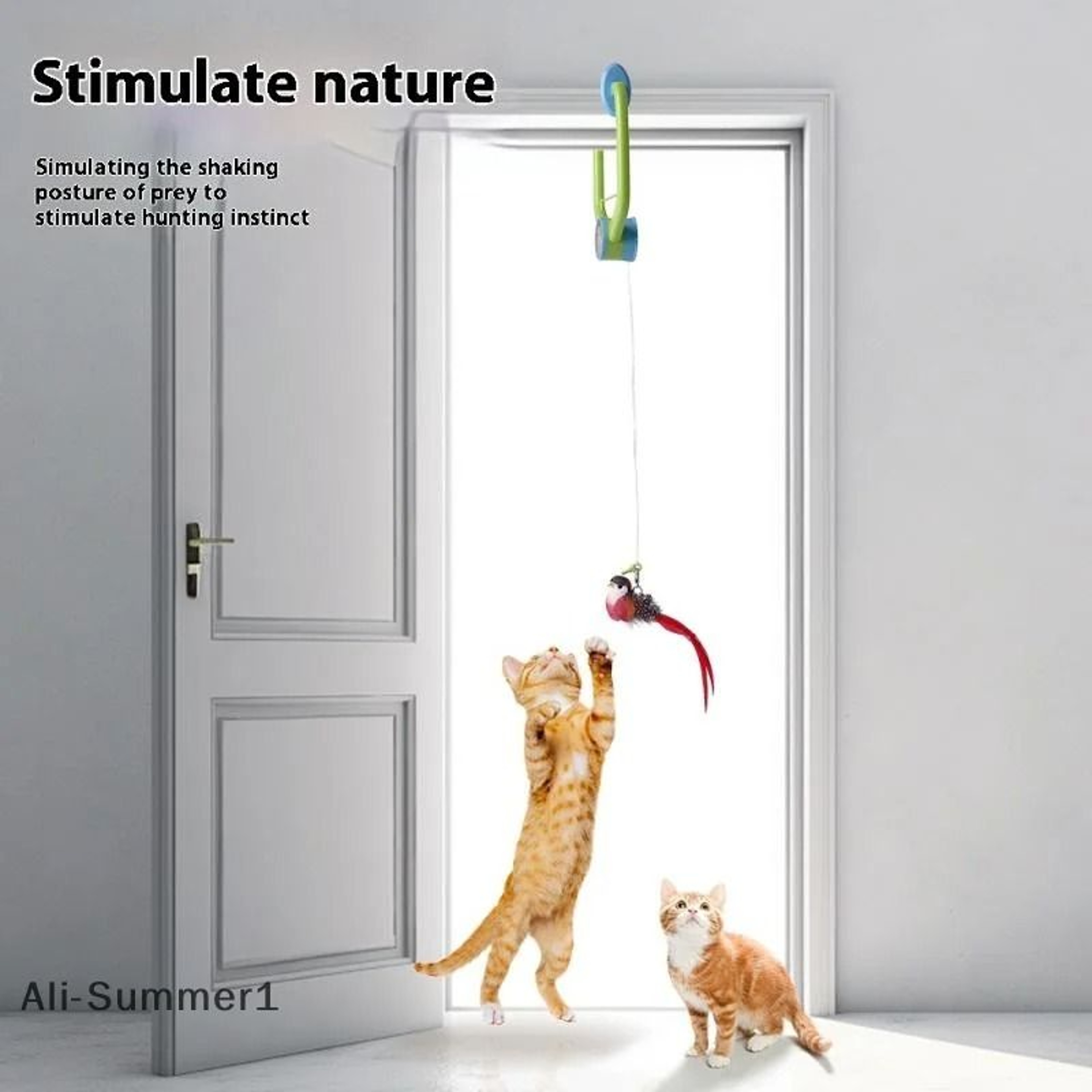 Interactive Door Hanging Cat Toy With Swinging Feathers And Replaceable Prey Attachments 13