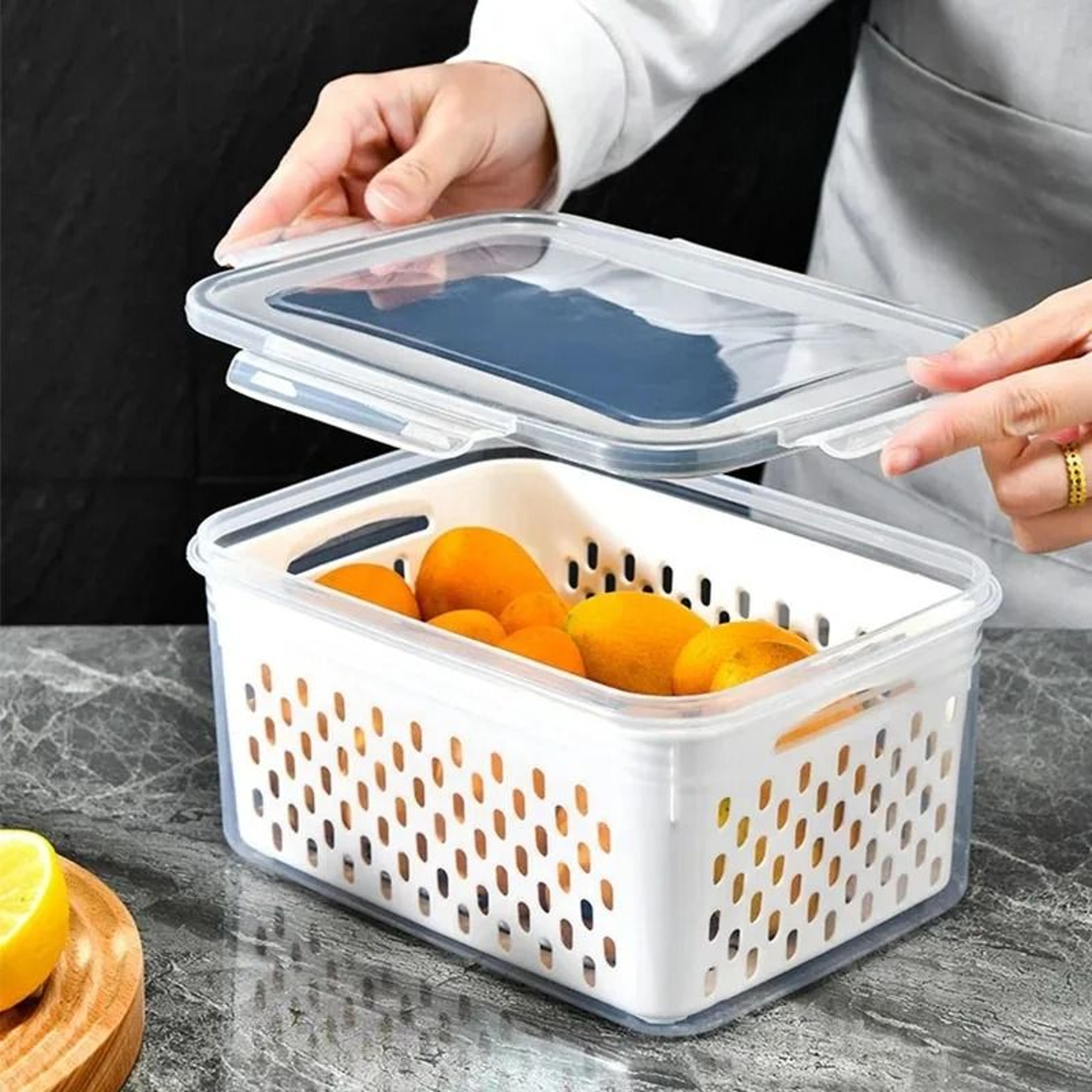 Double Layer Sealed Fruit Storage Box With Drain Basket And Airtight Lid 0