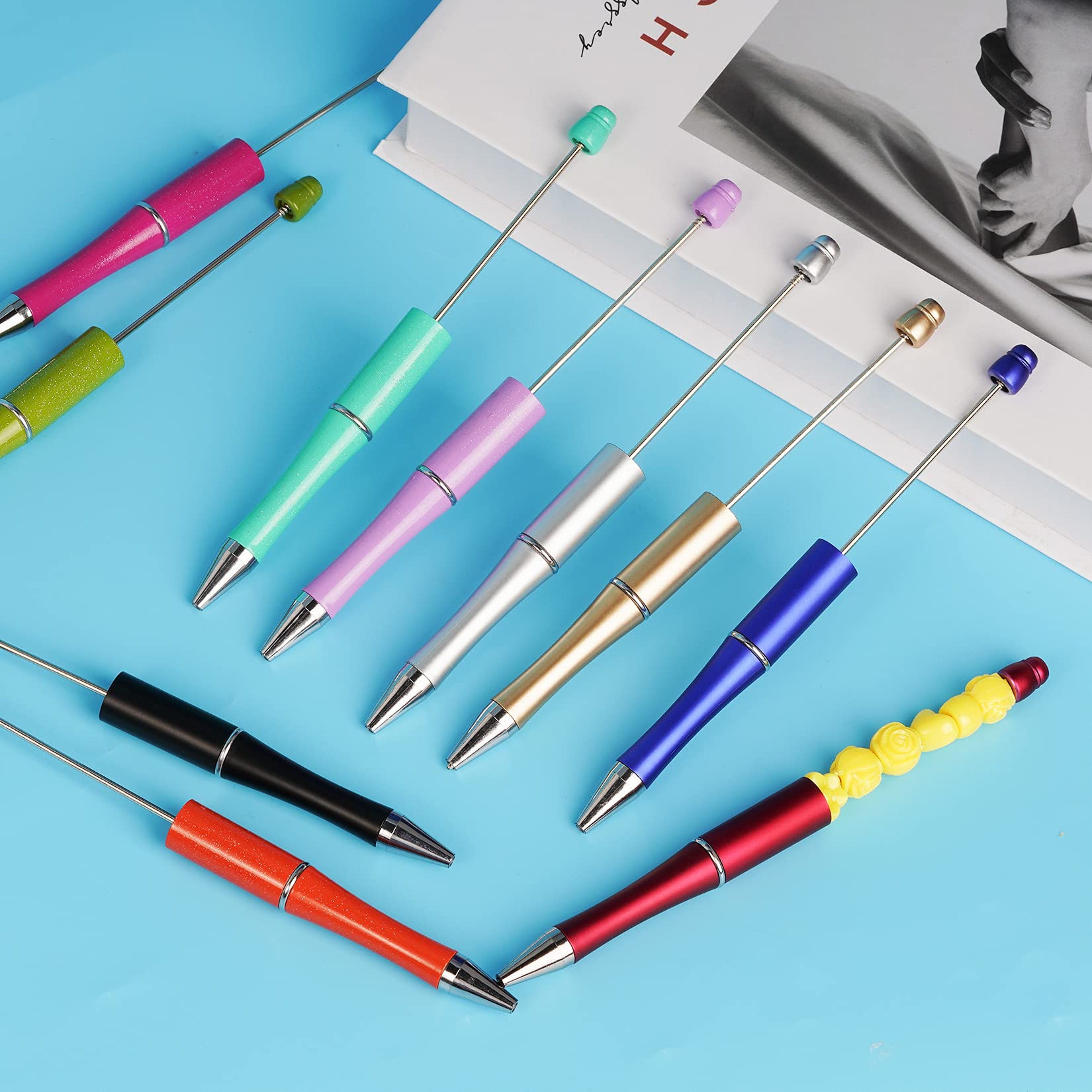 10pcs Colorful Wooden Bead Ballpoint Pen Set For DIY Crafts 7
