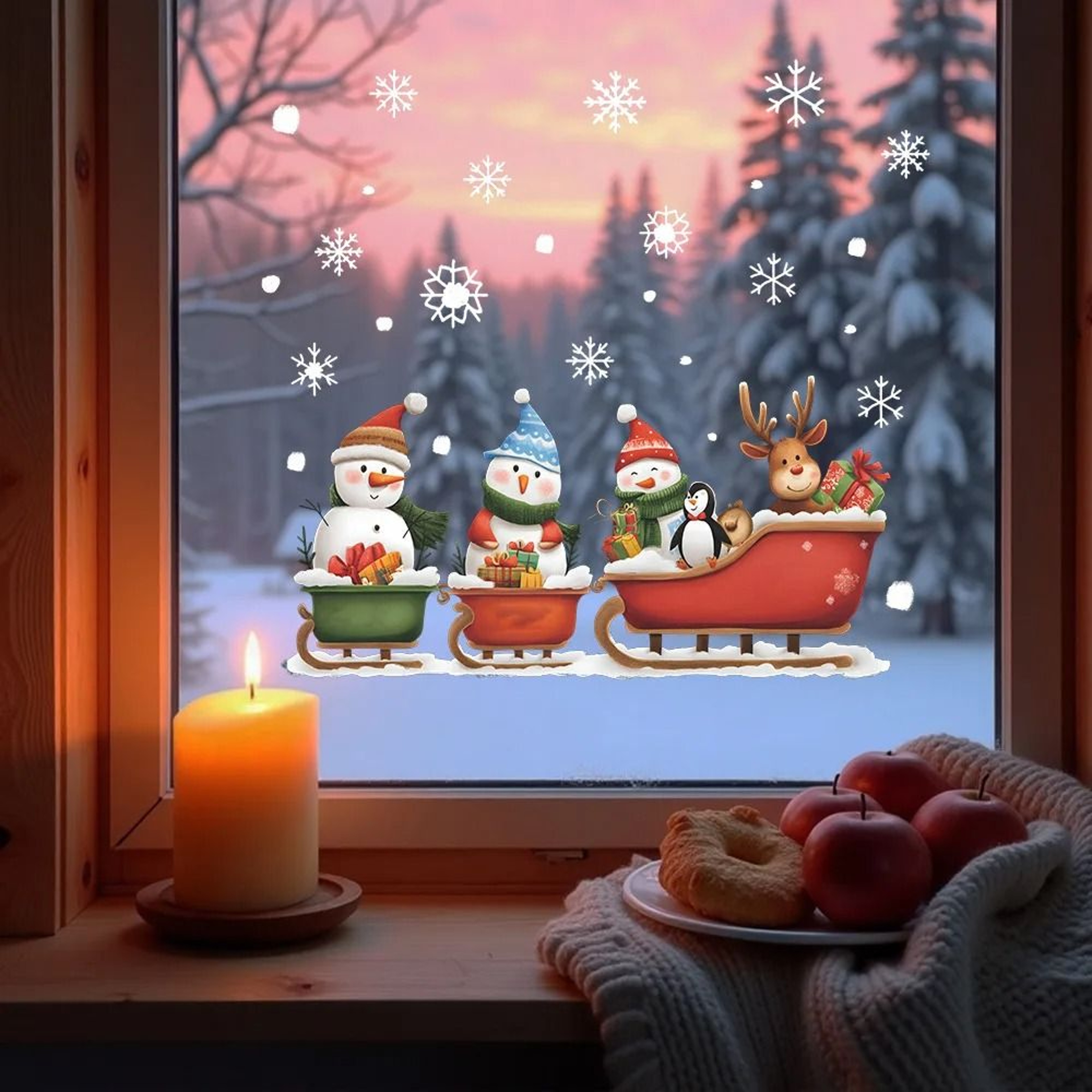 Festive Snowman Christmas Window Stickers With Snowflakes For Kids Room Holiday Decor 1