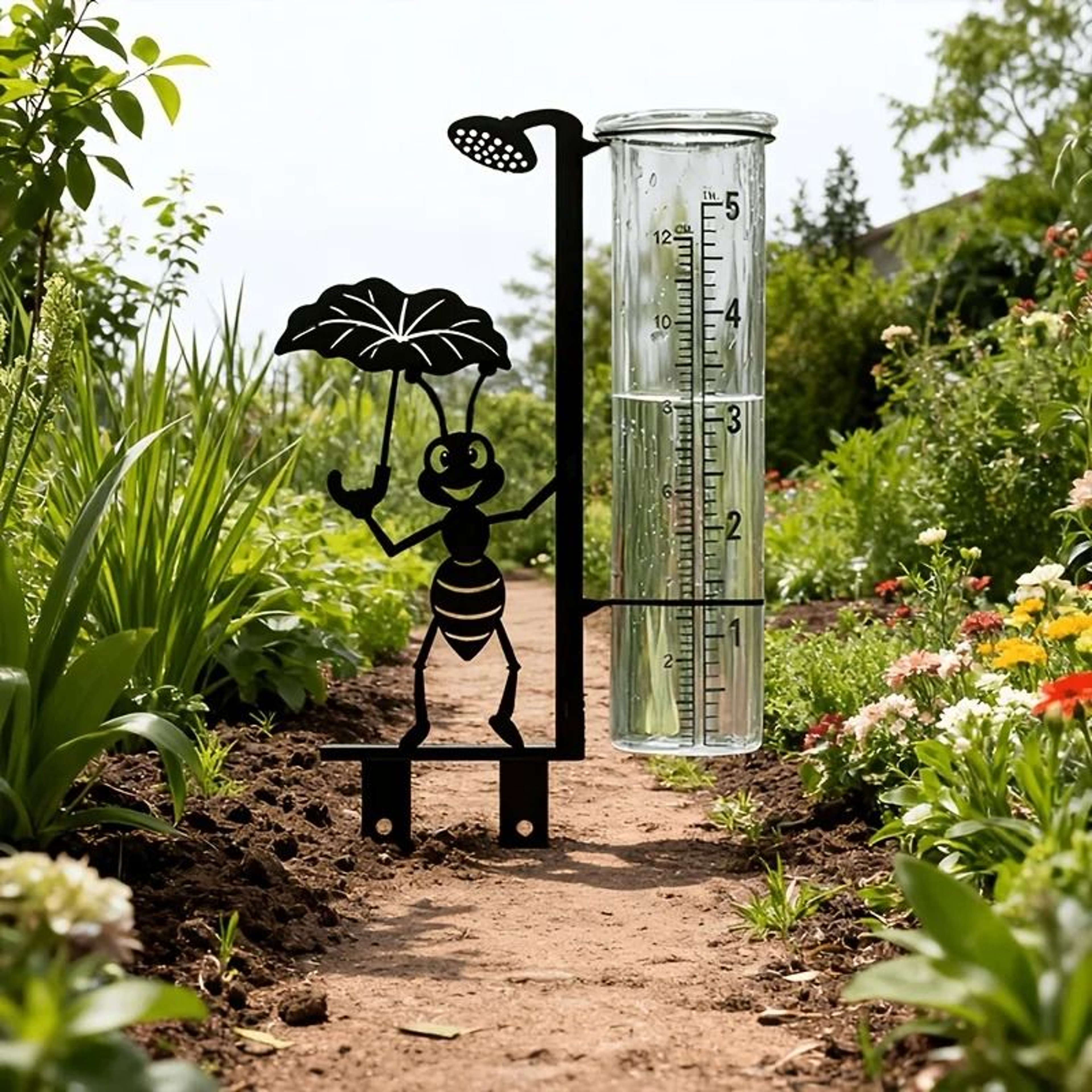 Decorative Metal Ant Rain Gauge With Clear Glass Measuring Cup For Gardens 2