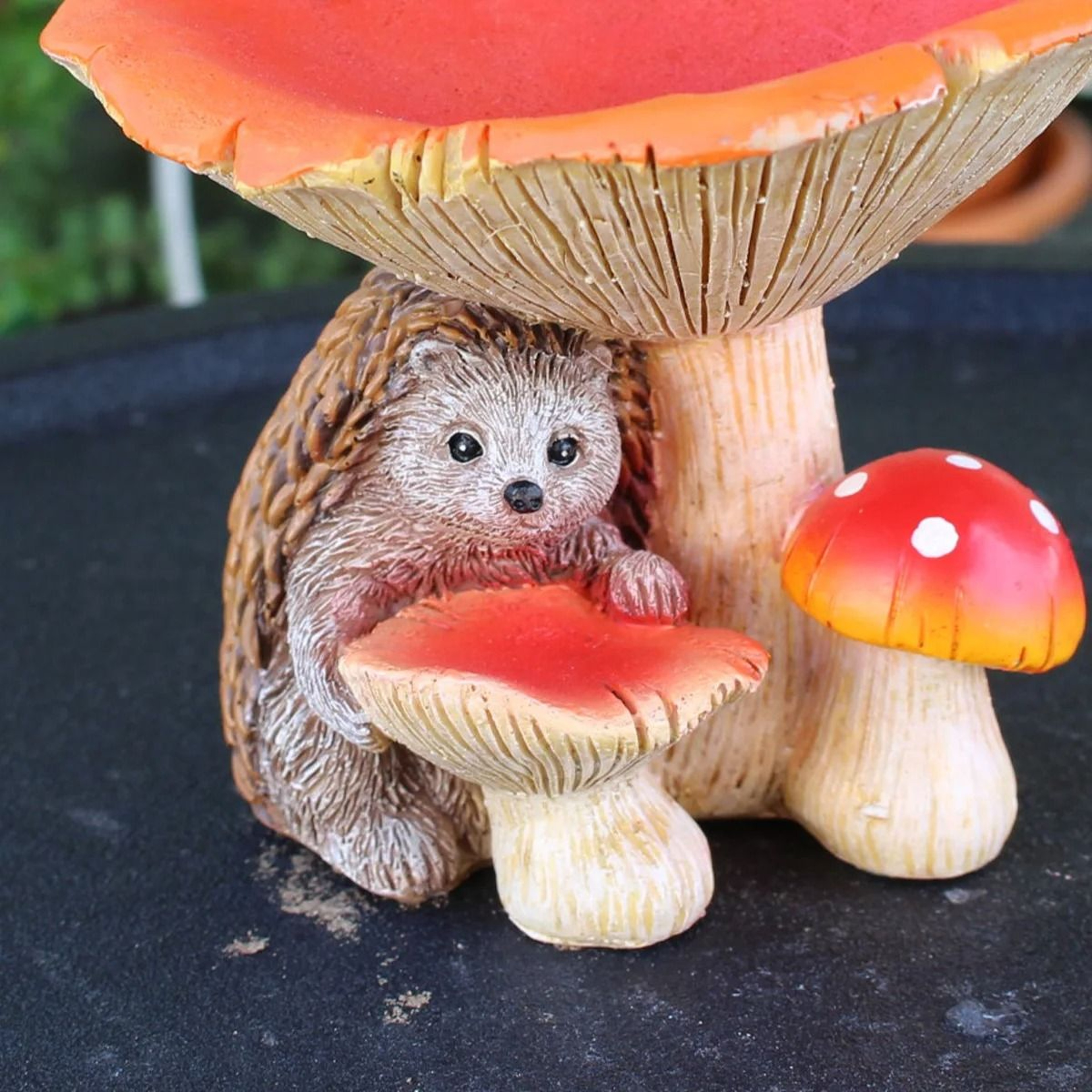 Whimsical Hedgehog Mushroom Bird Feeder Garden Statue 4