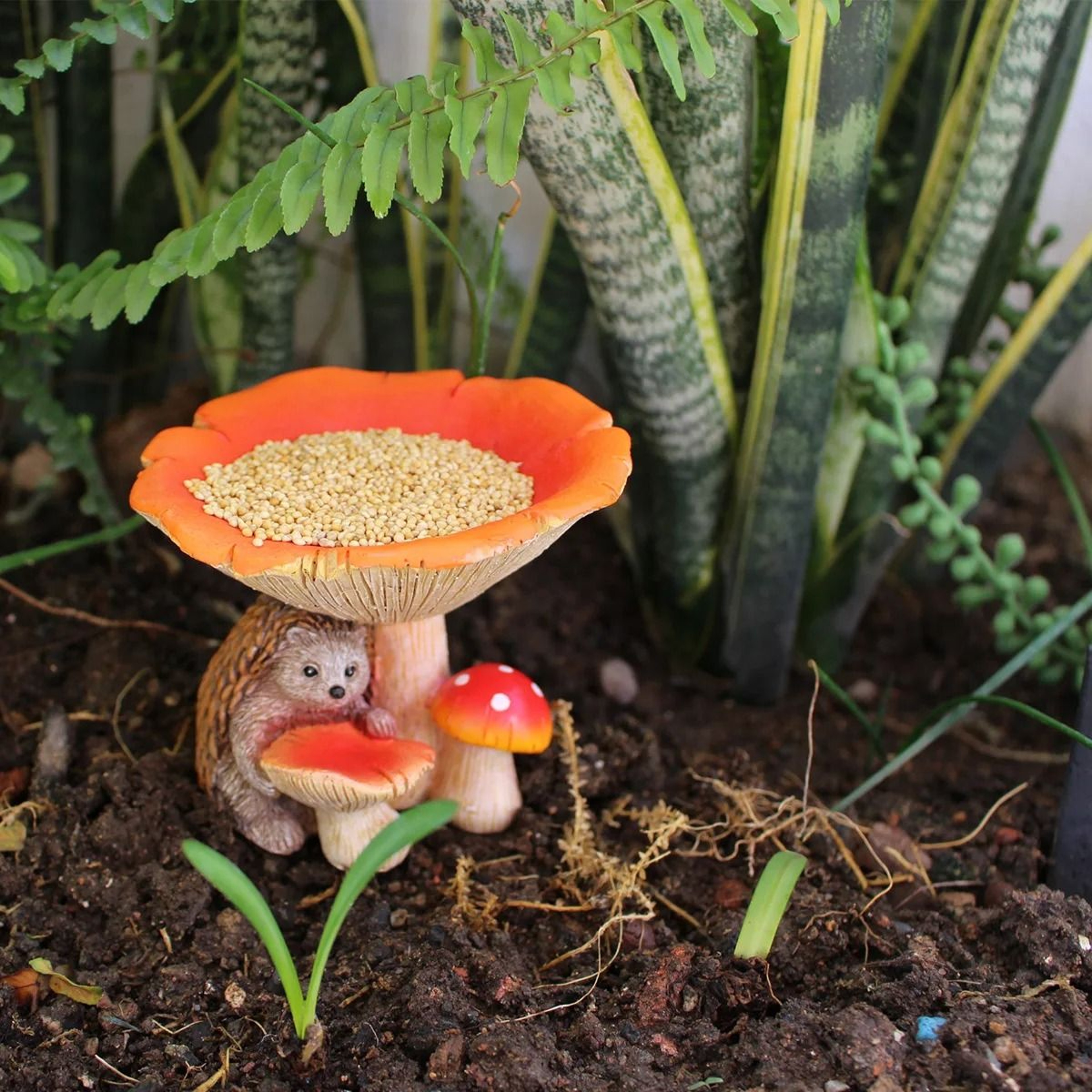 Whimsical Hedgehog Mushroom Bird Feeder Garden Statue 6