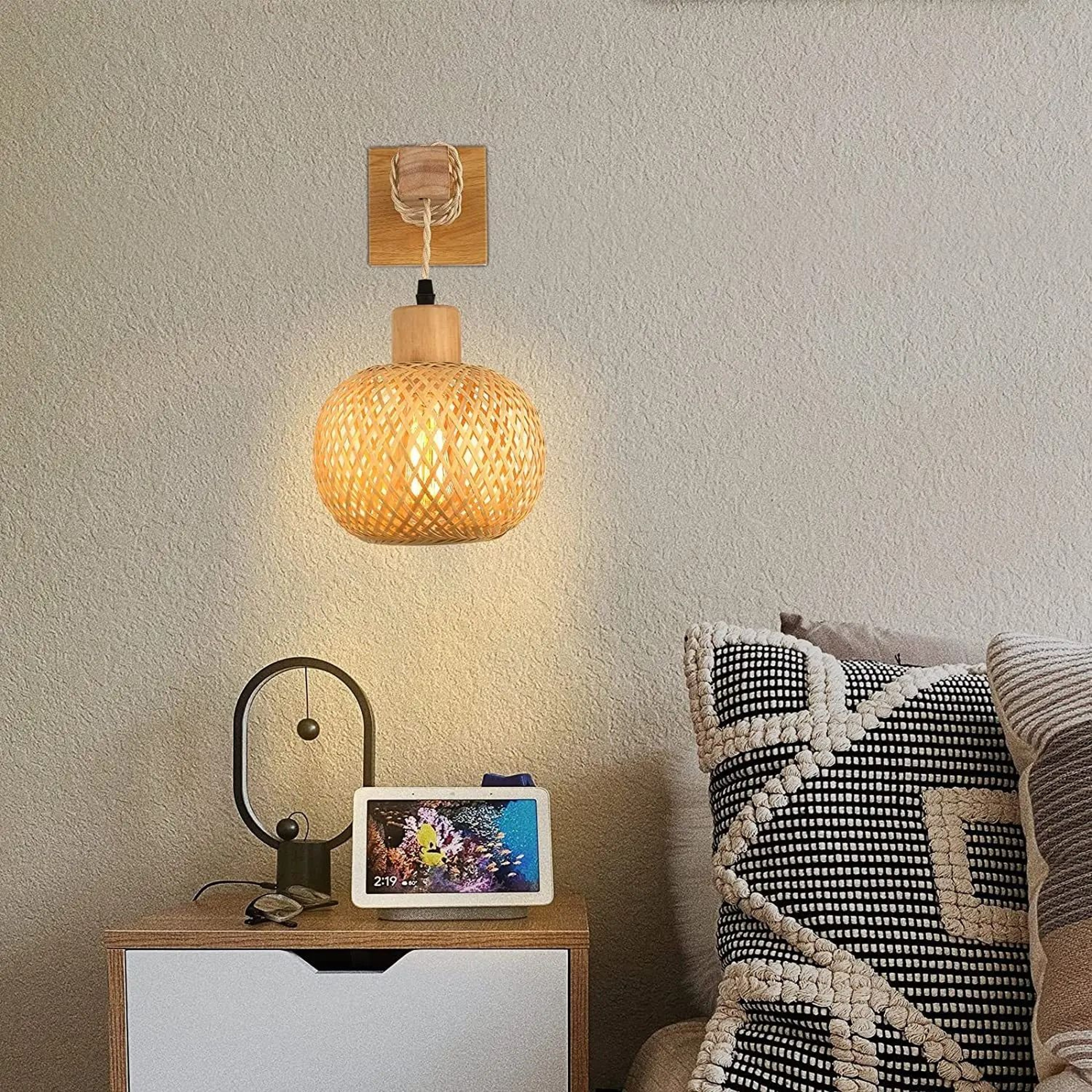 Japanese Bamboo Rattan Wall Sconce Handwoven Farmhouse Light 6
