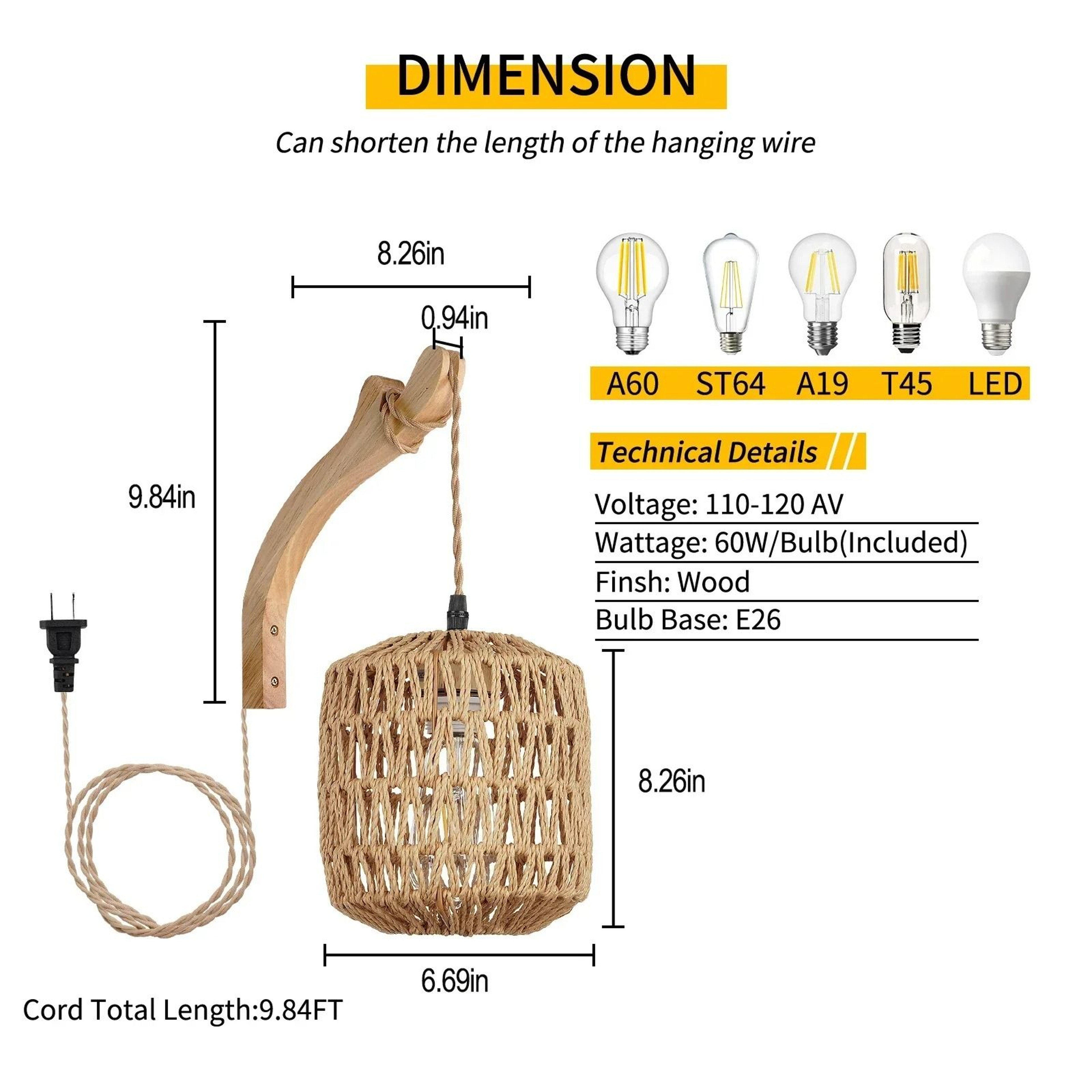 Handwoven Rattan E27 Wall Lamp Retro Hemp Rope Sconce 5