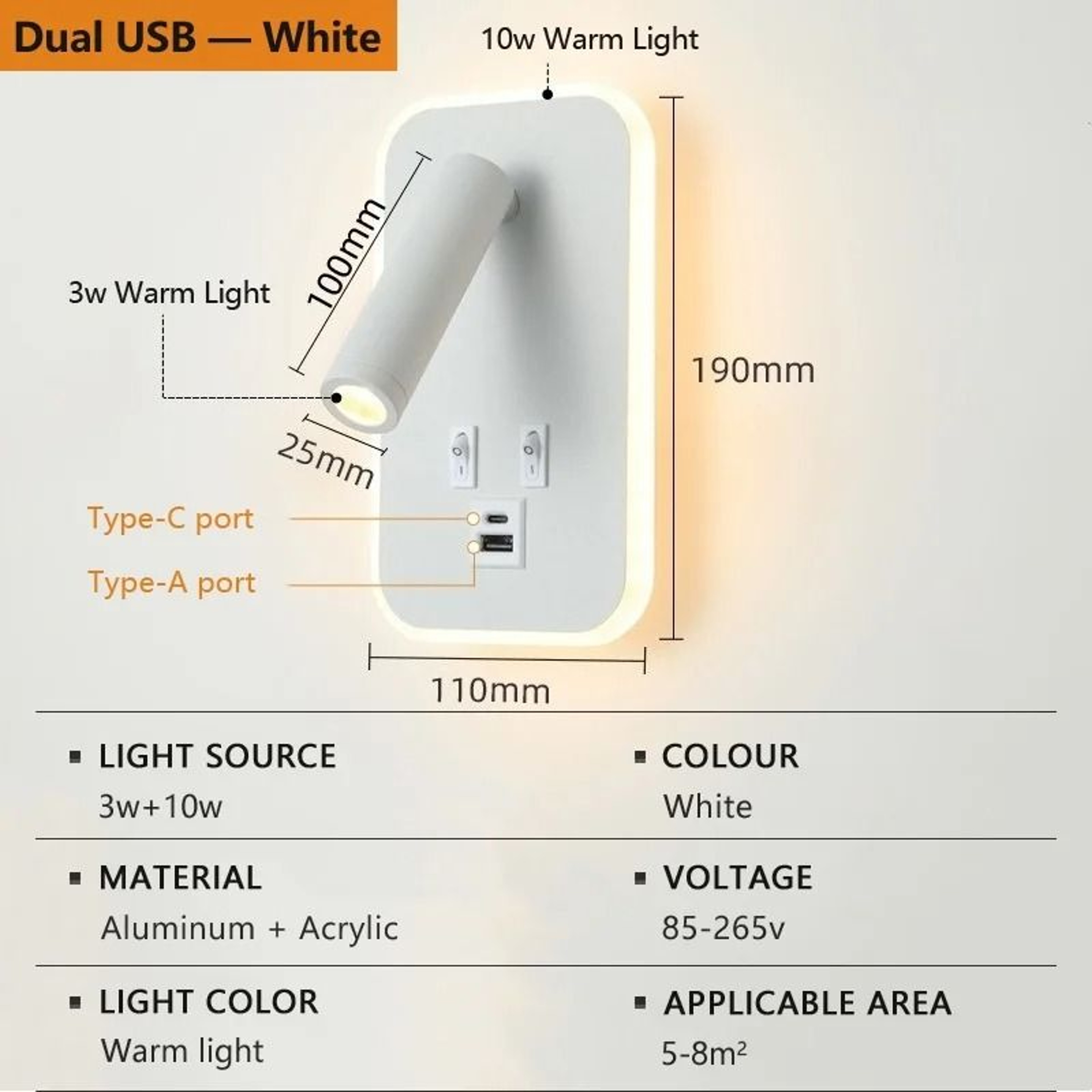 Rotatable LED Wall Reading Light With Type C USB Charging 8