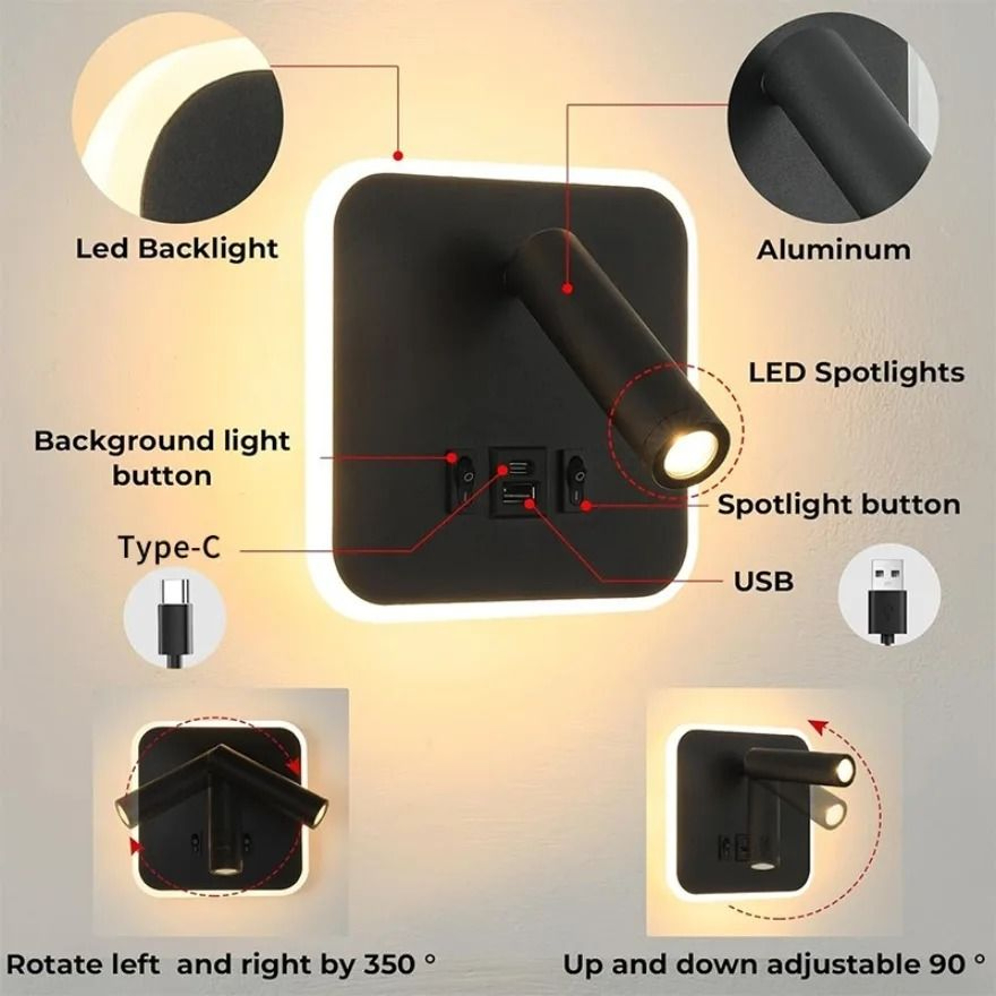 Rotatable LED Wall Reading Light With Type C USB Charging 16