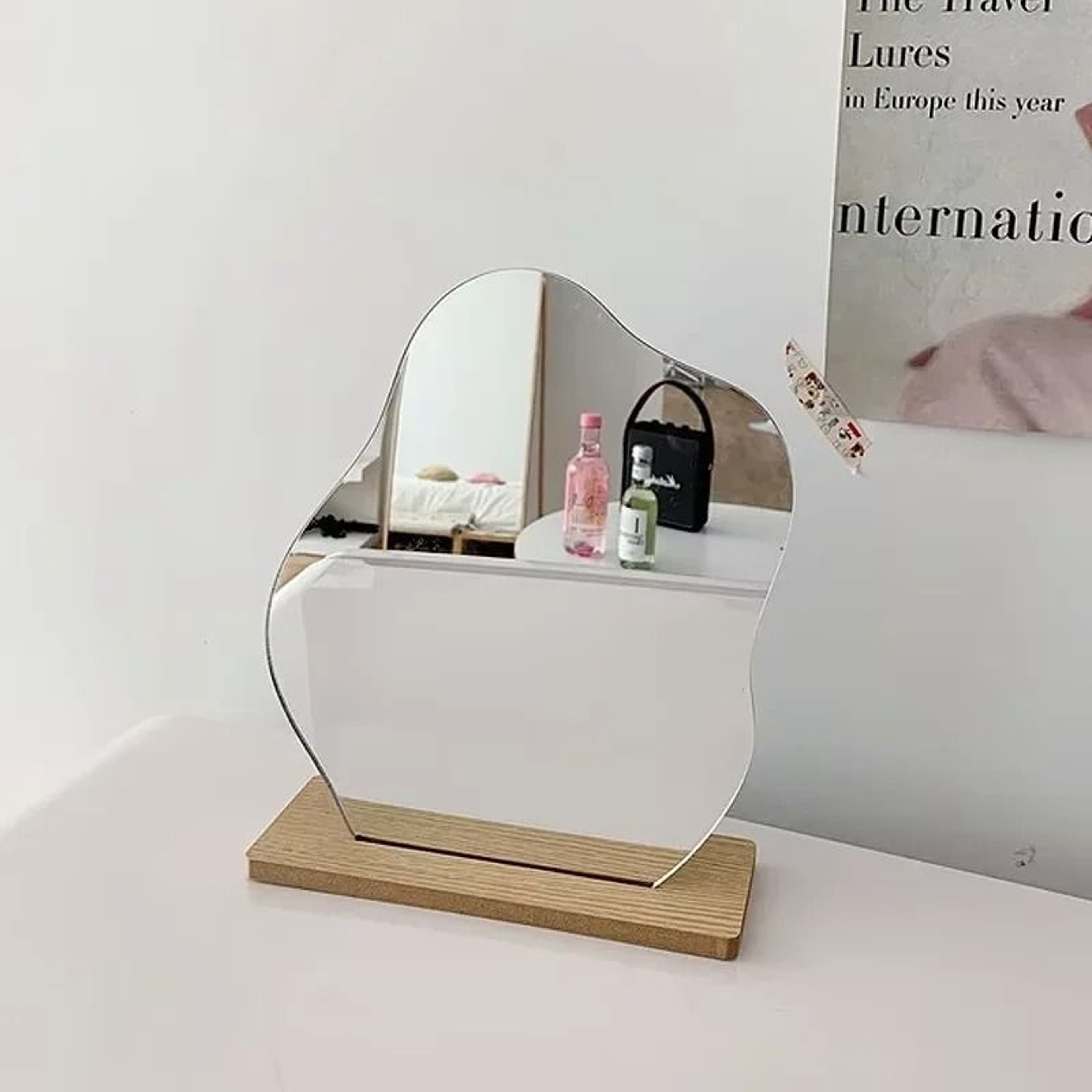 Modern Irregular Acrylic Vanity Mirror Wooden Base Desktop Makeup Decor Mirror 1