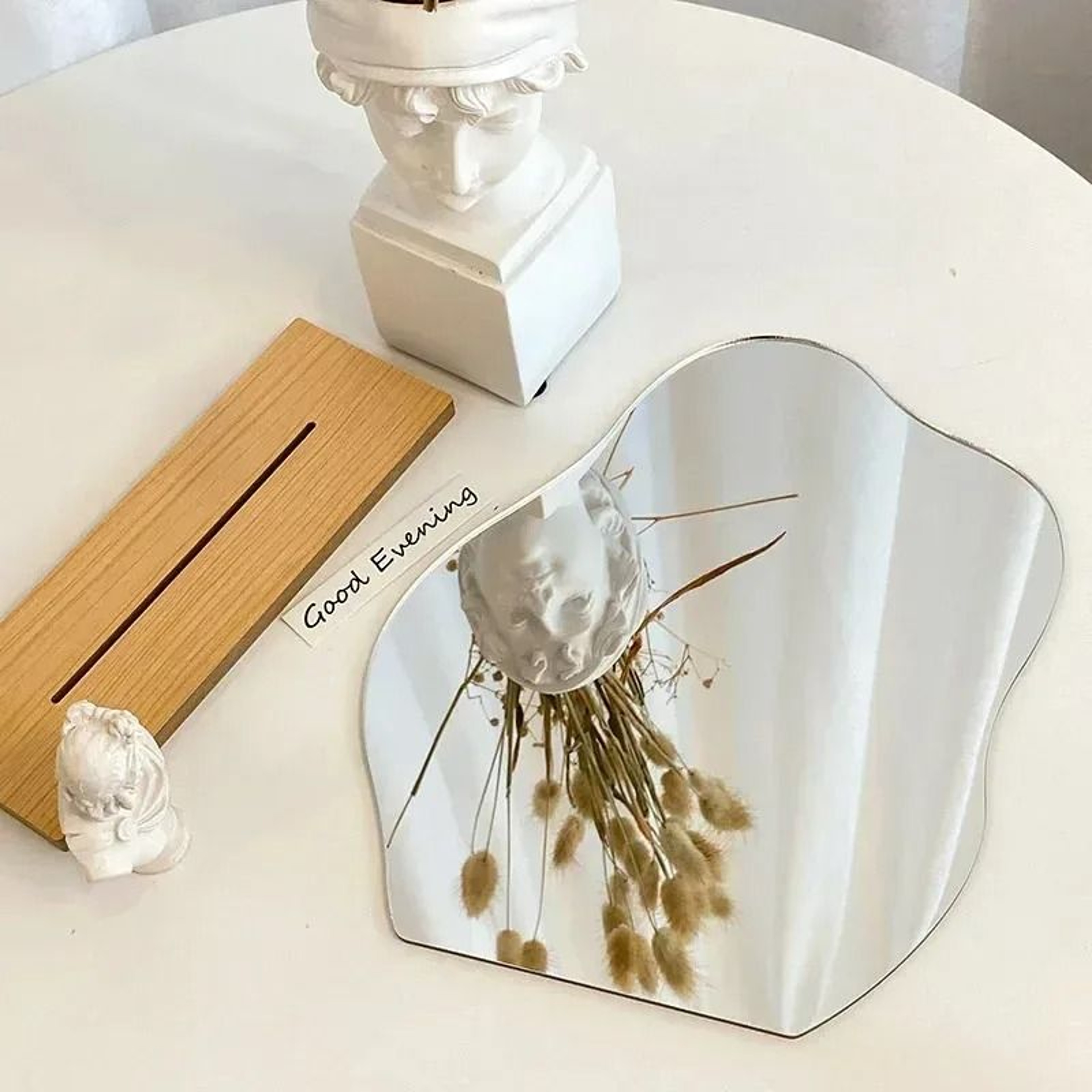Modern Irregular Acrylic Vanity Mirror Wooden Base Desktop Makeup Decor Mirror 5