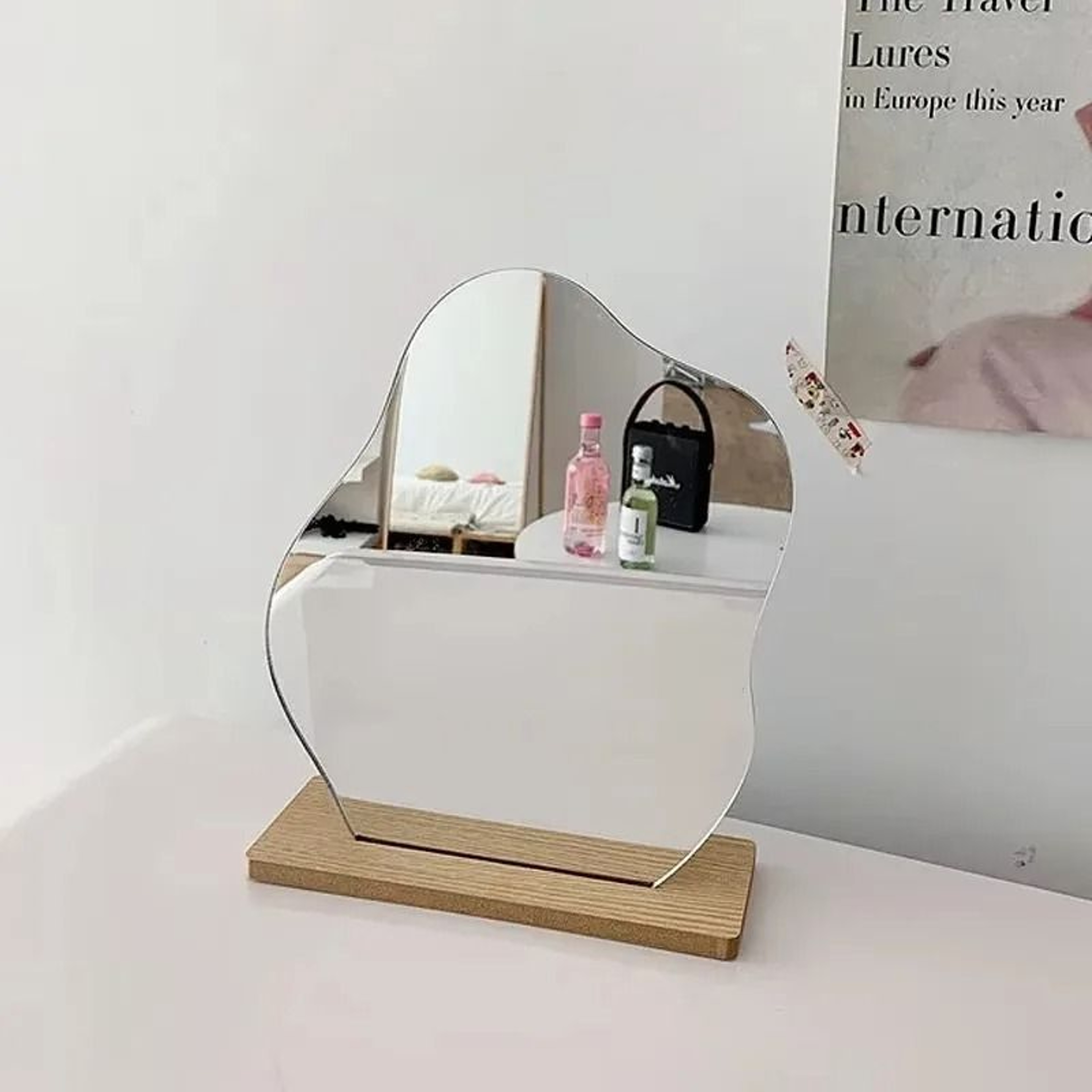 Modern Irregular Acrylic Vanity Mirror Wooden Base Desktop Makeup Decor Mirror 4