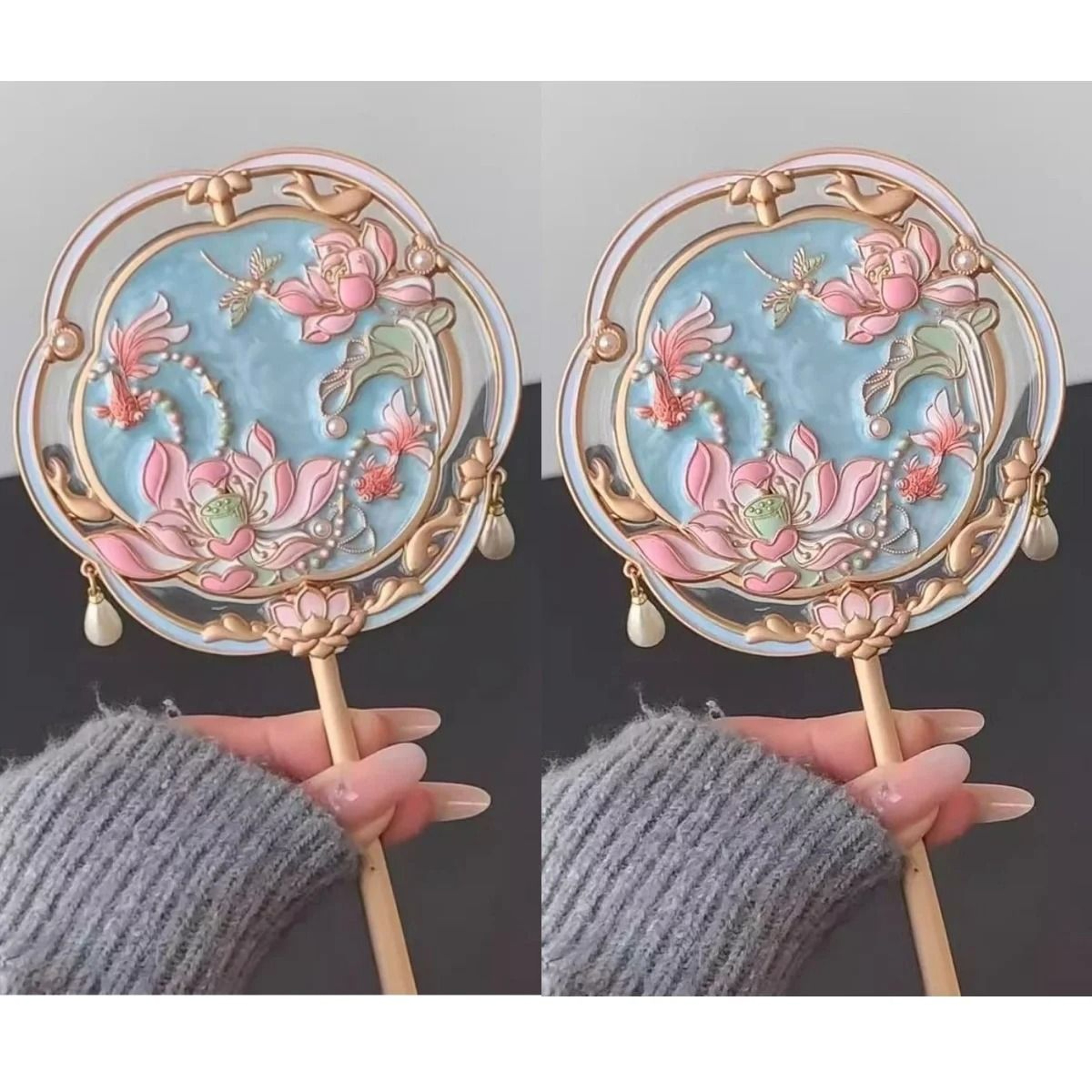 Beijing Hibiscus Handheld Makeup Mirror Portable Chinese Style Travel Souvenir Mirror 5