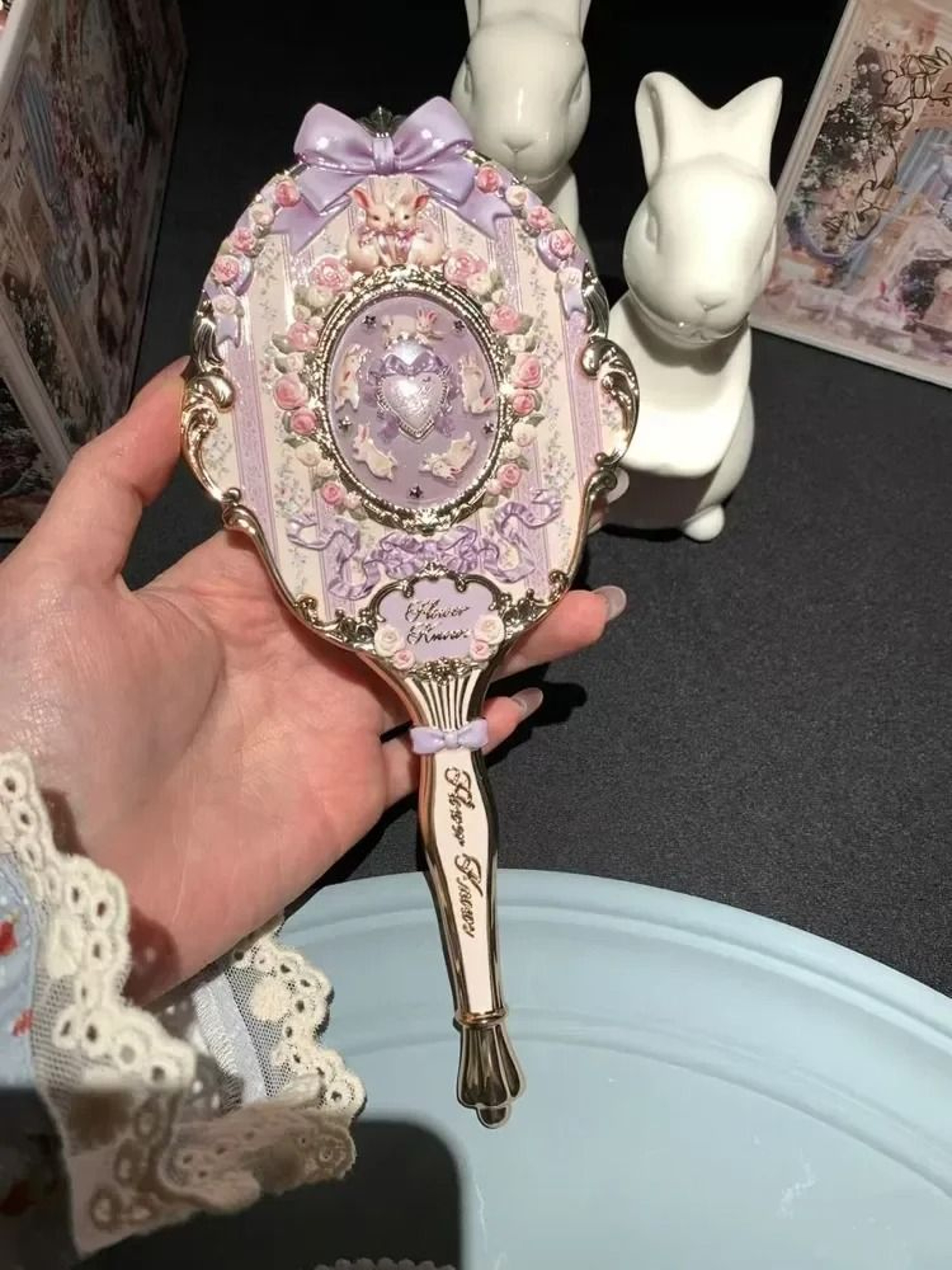 Flower Knows Sweetie Bear Hand Mirror Creamy Pink Vanity Mirror 12