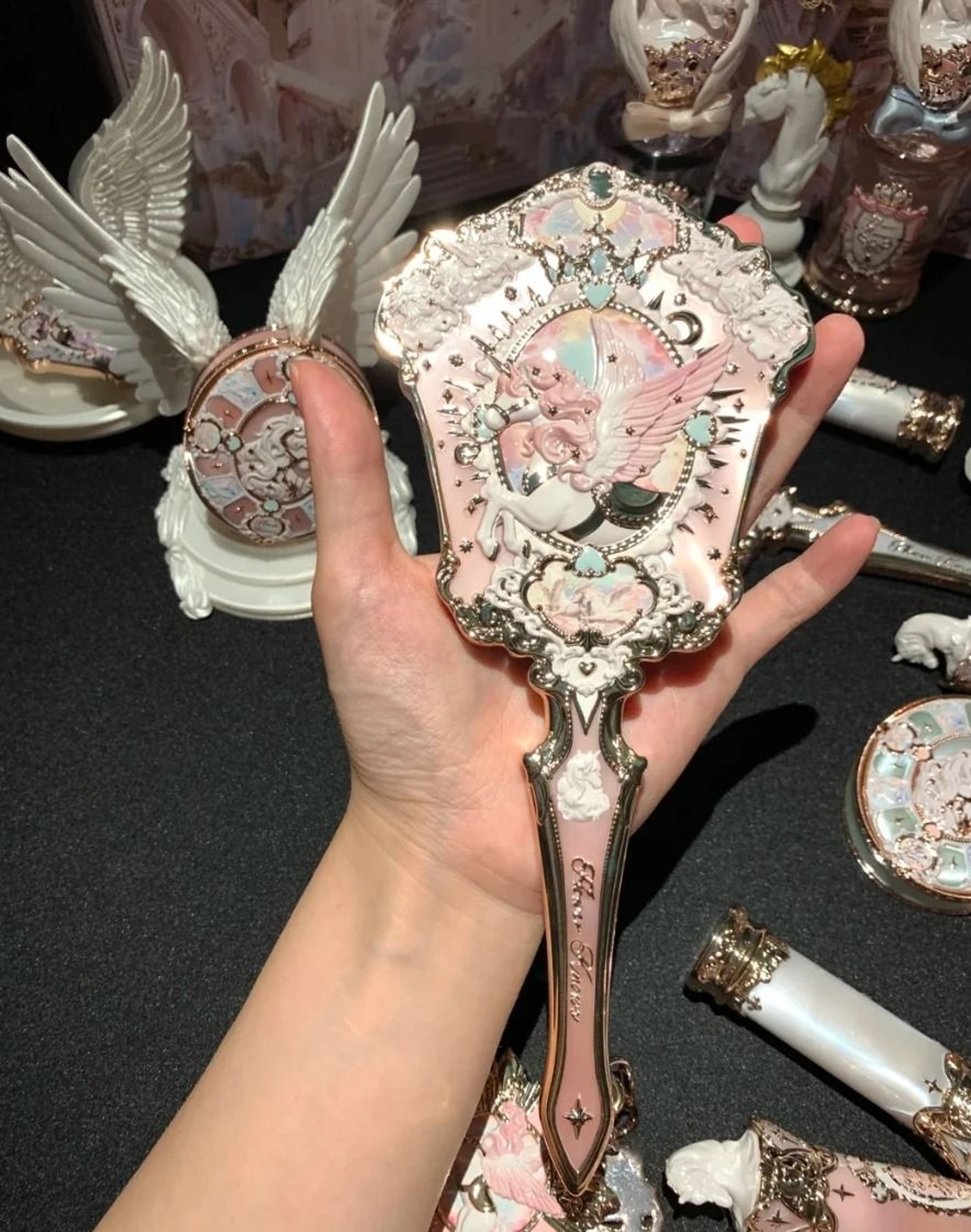 Flower Knows Sweetie Bear Hand Mirror Creamy Pink Vanity Mirror 15