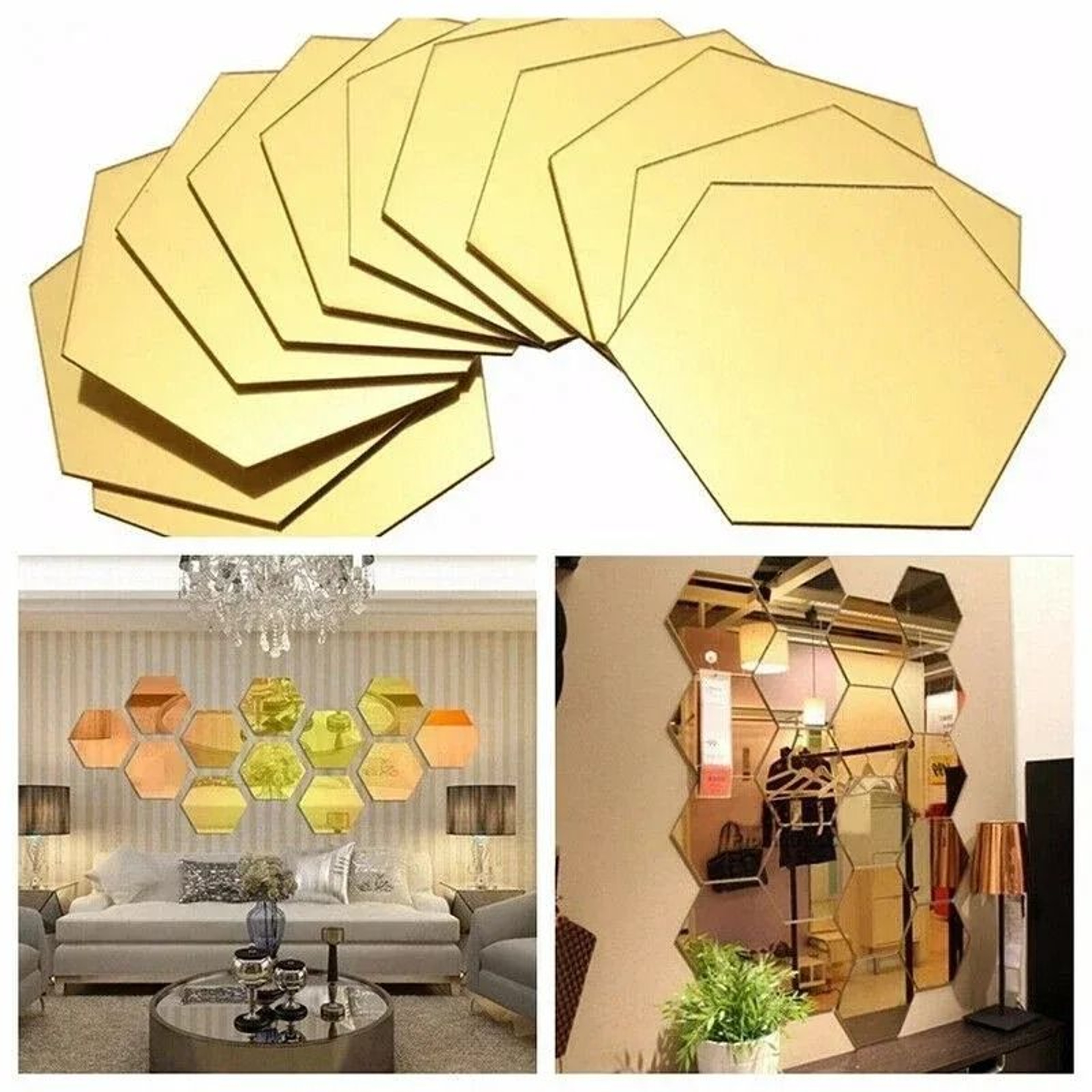 12Pcs Hexagon Acrylic Mirror Wall Stickers Removable DIY Decorative Tiles 5